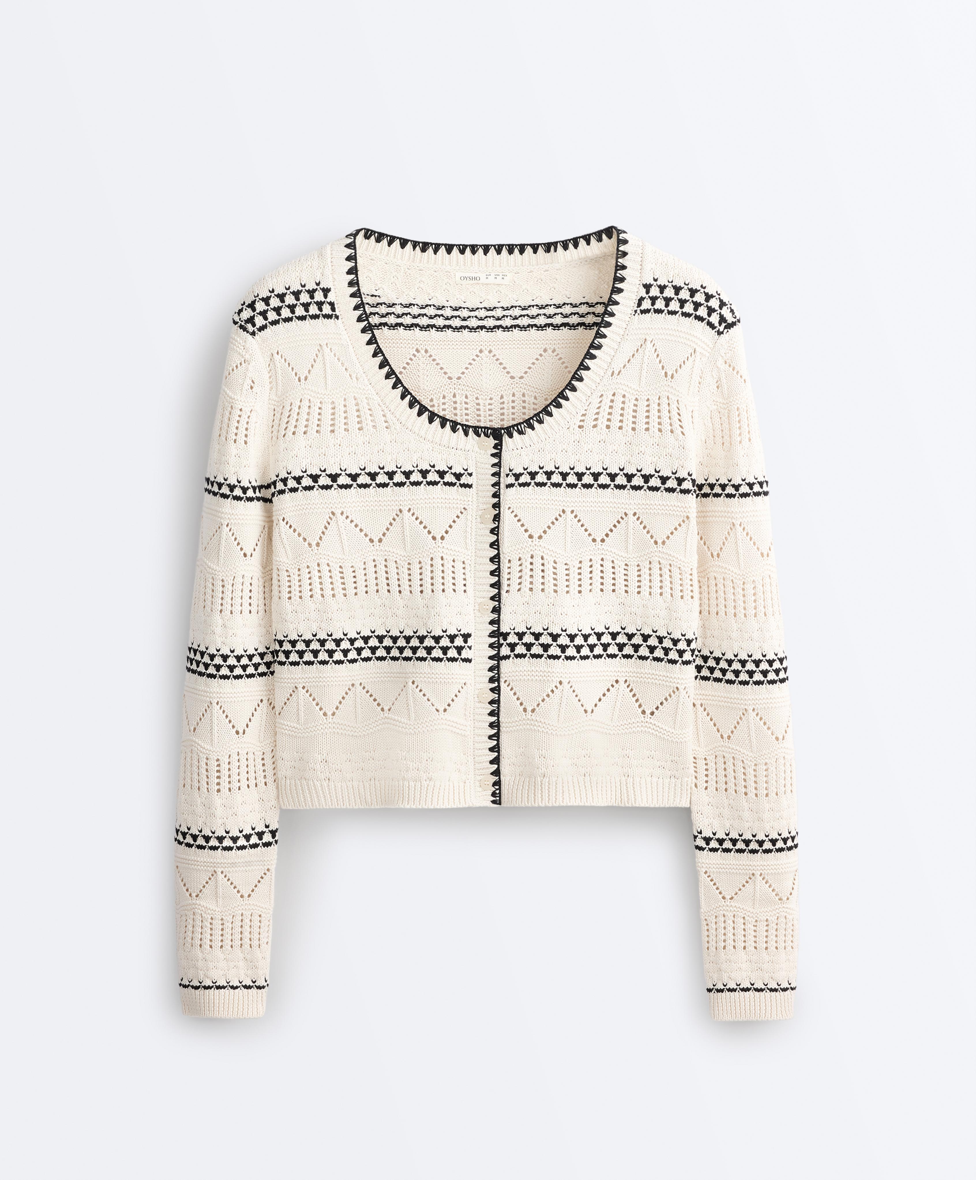 100% cotton contrast open-knit cardigan — PALE ECRU
