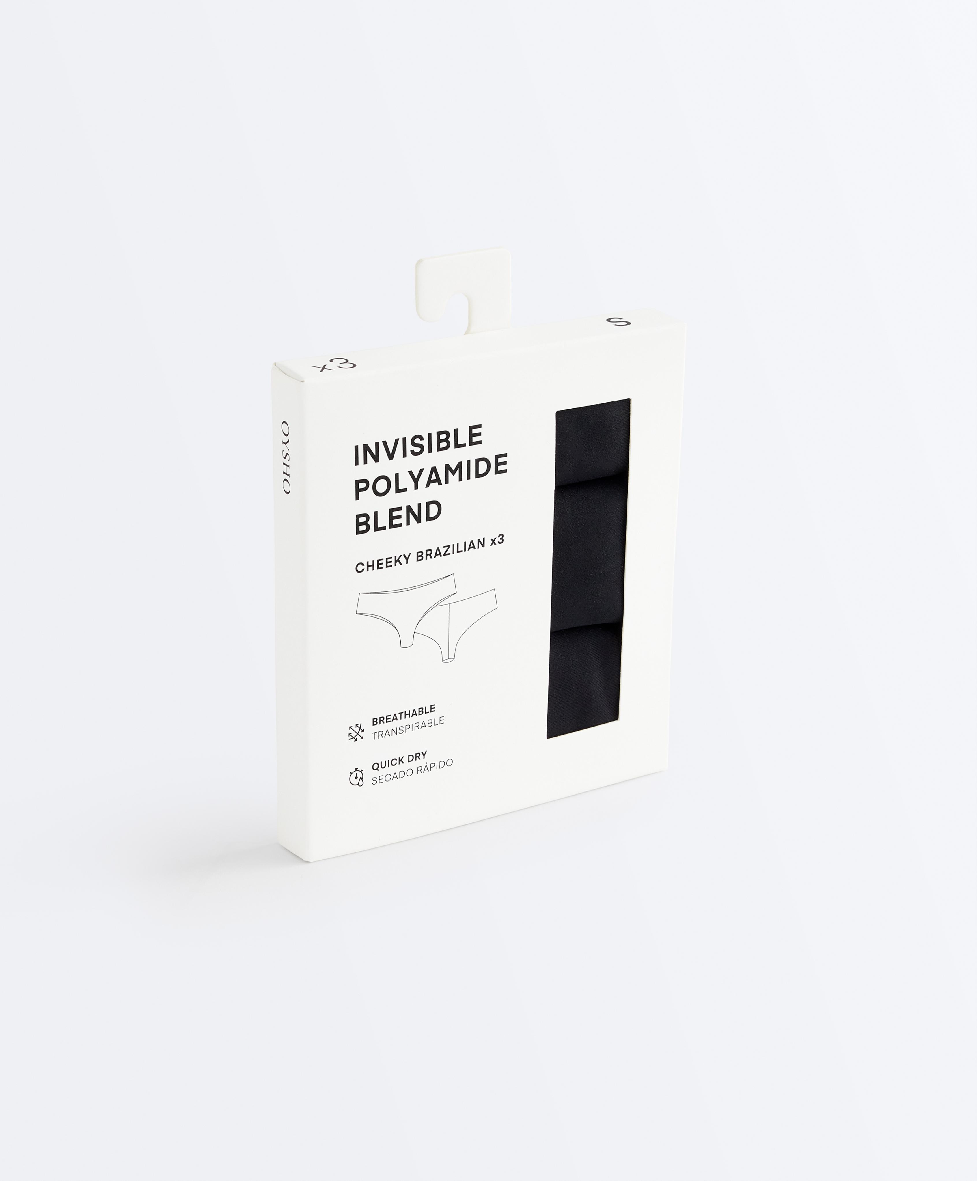 3 invisible polyamide blend cheeky Brazilian briefs — BLACK