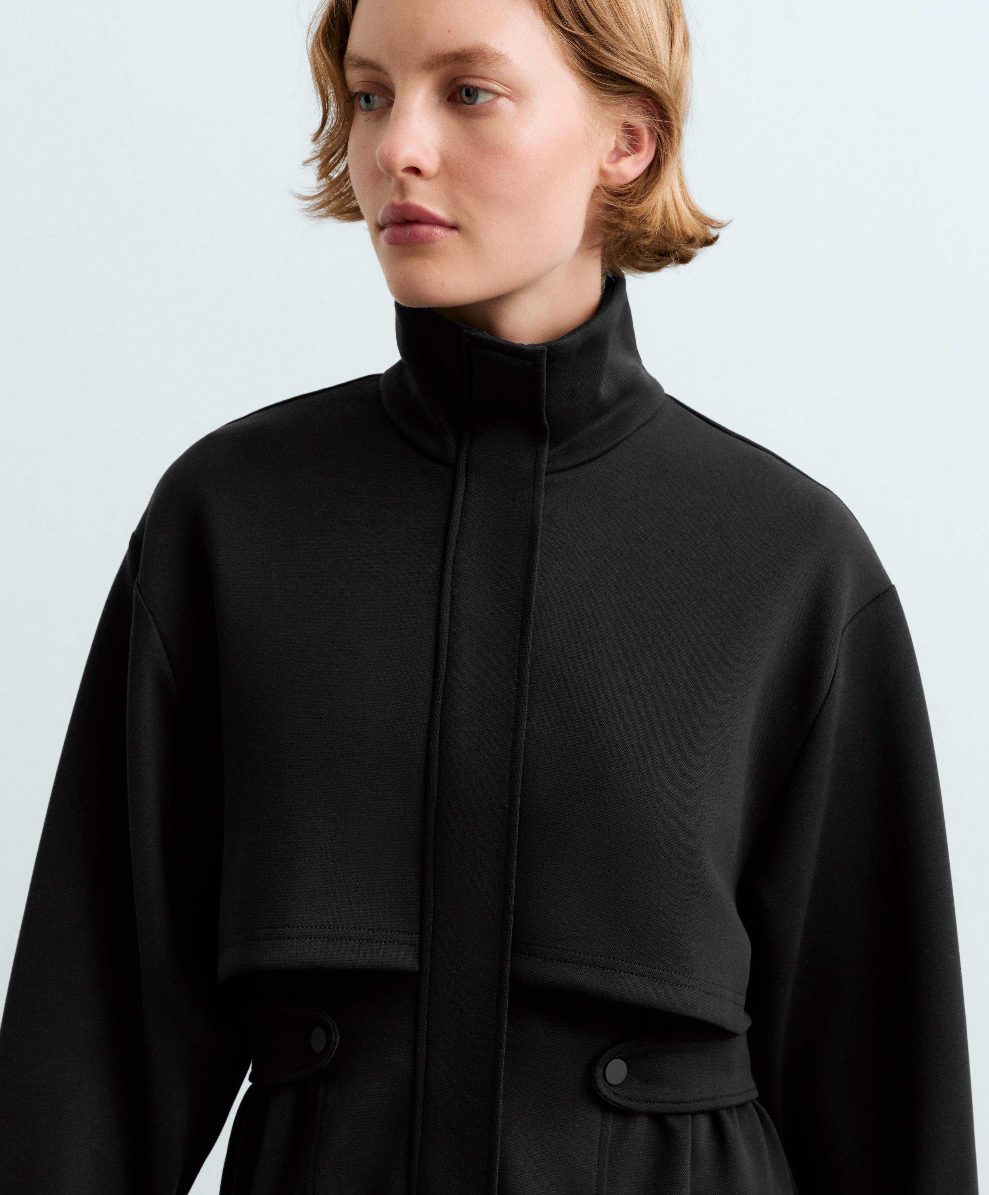 Long piqué jacket with belt — BLACK