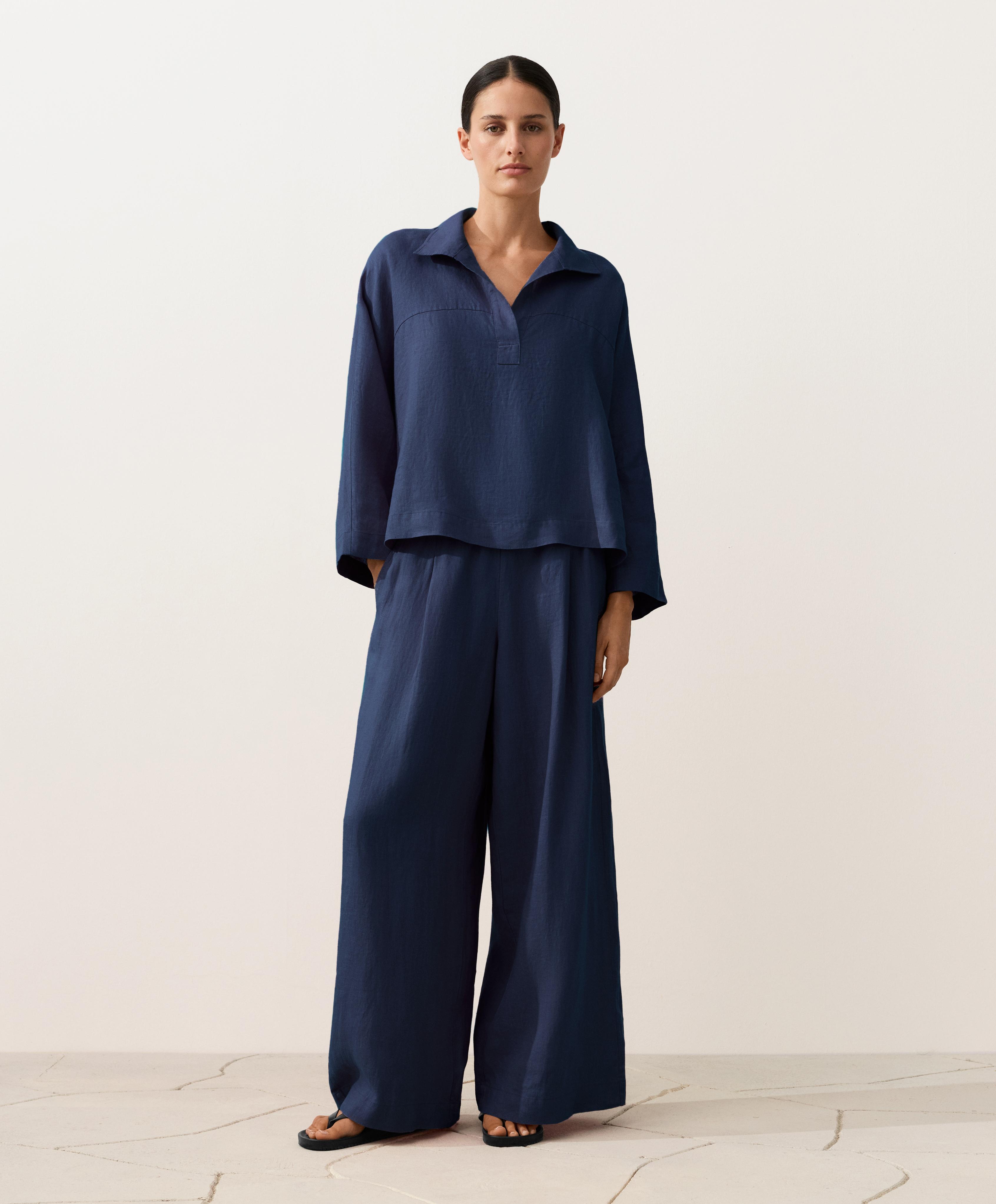 Oversize long-sleeve 100% linen polo shirt — NAVY