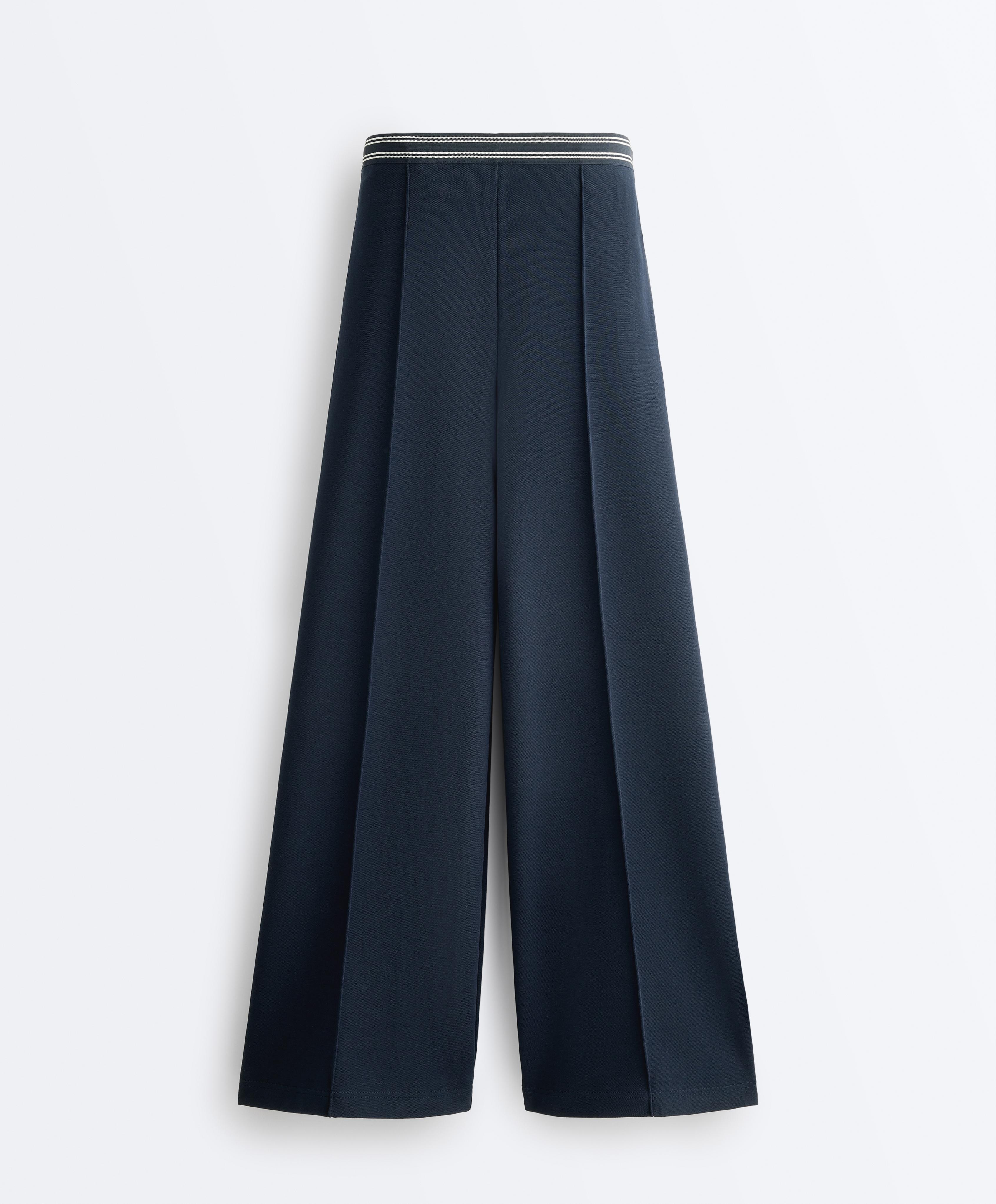 Straight-leg piqué trousers with cotton and contrast Piping — NAVY BLUE