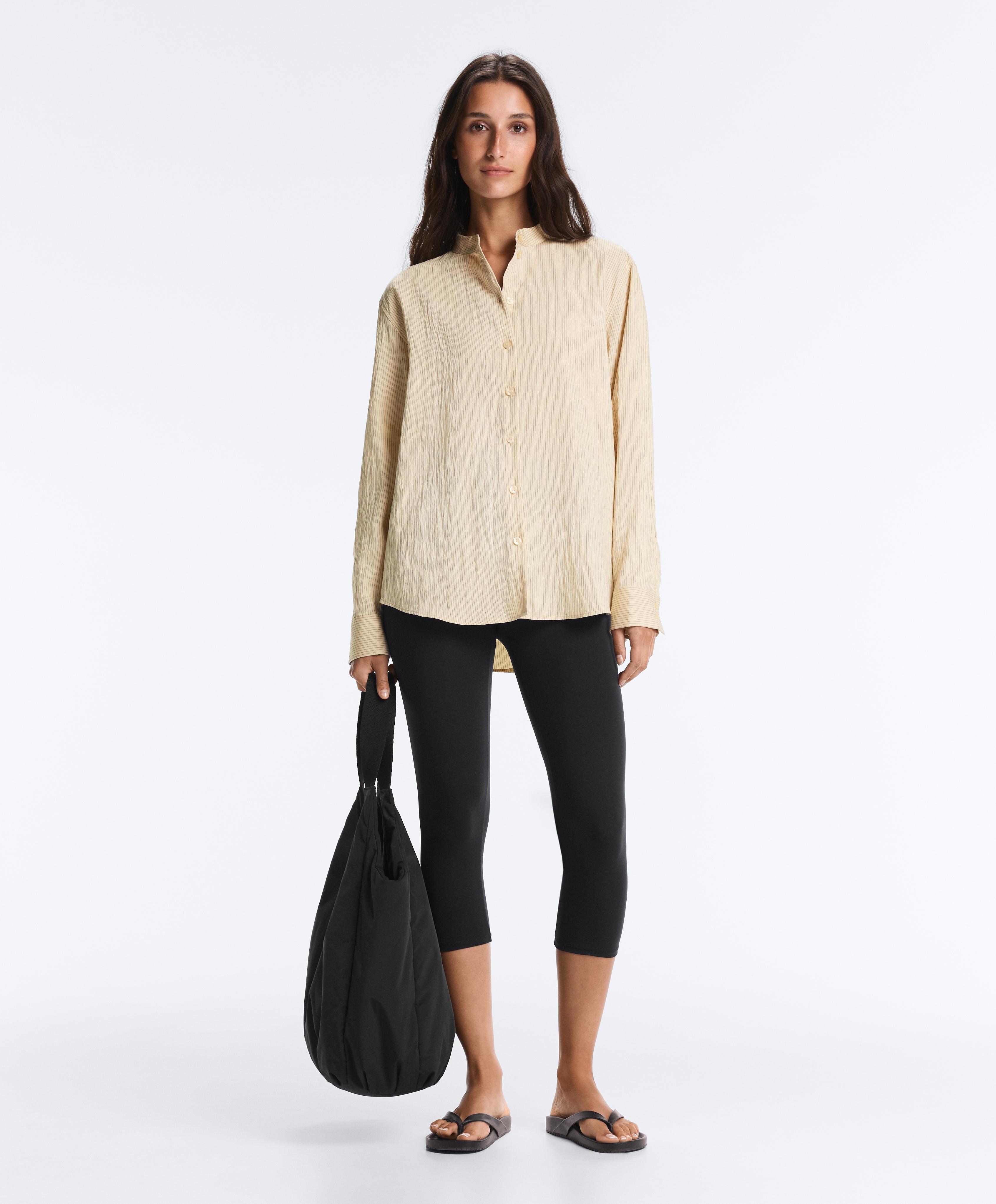 Striped modal blend stand-up collar shirt — PALE ECRU