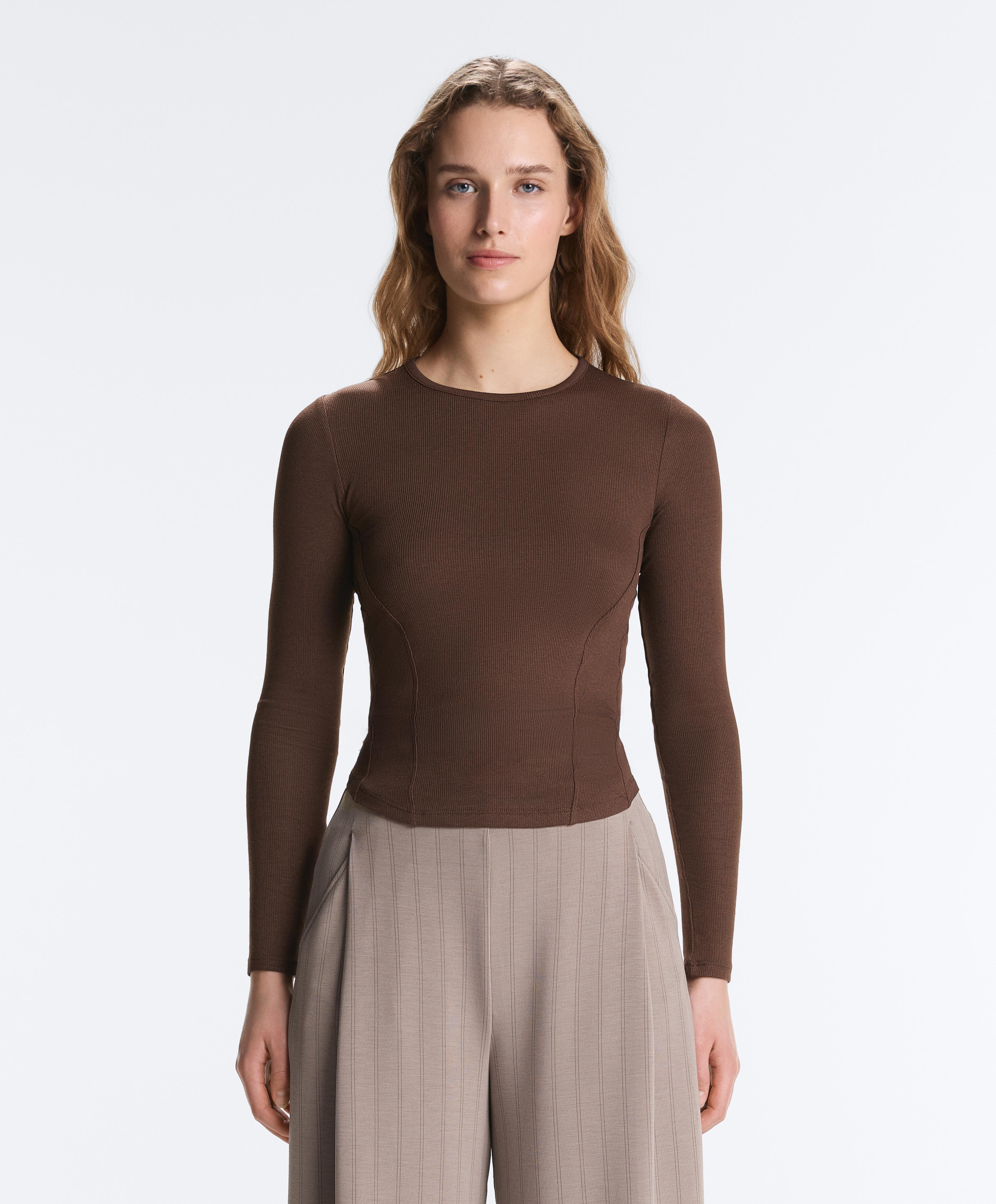 Fitted long sleeve rib T-shirt with cotton and modal — BROWN