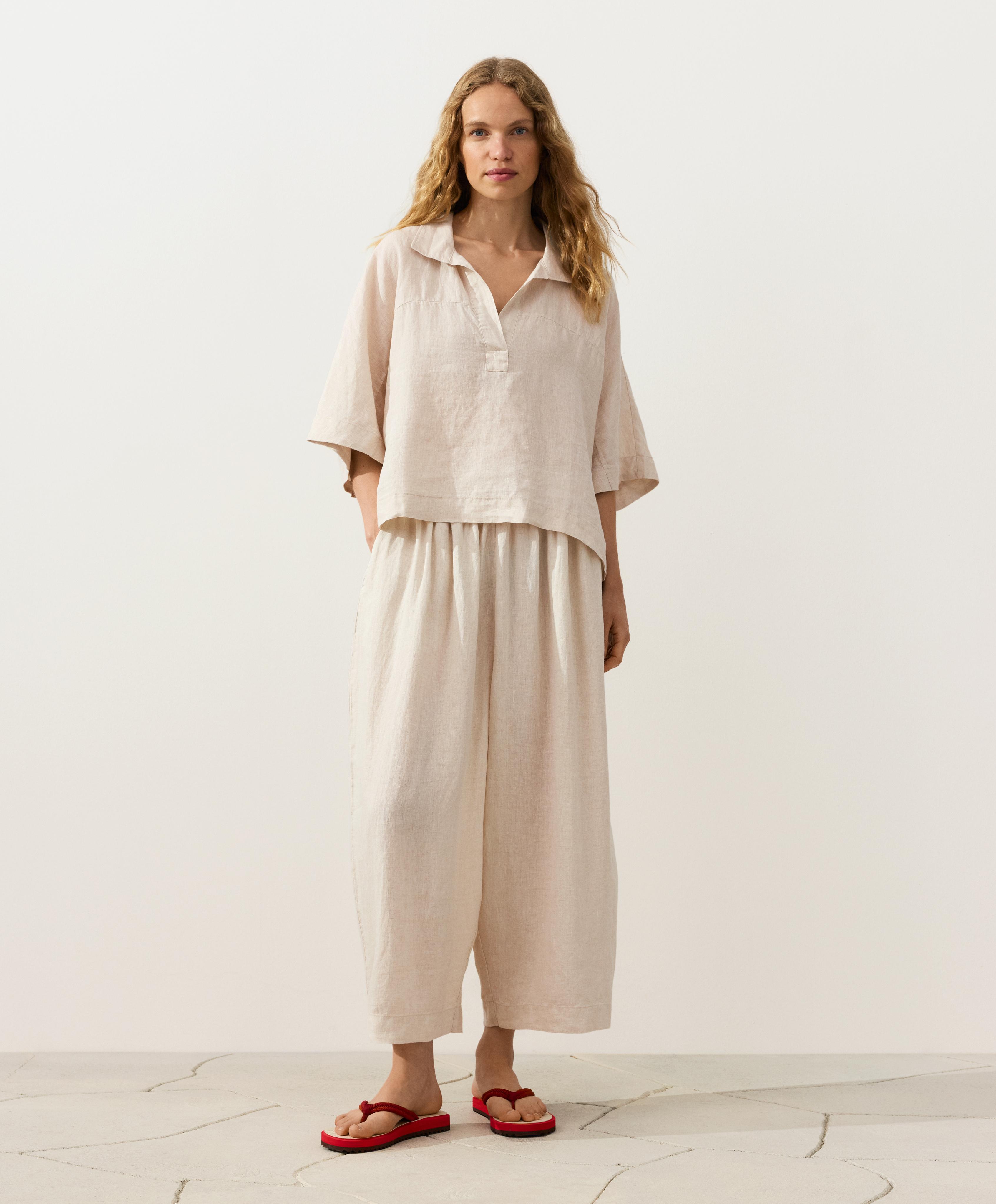 Oversize 100% linen polo shirt — SAND MELANGE