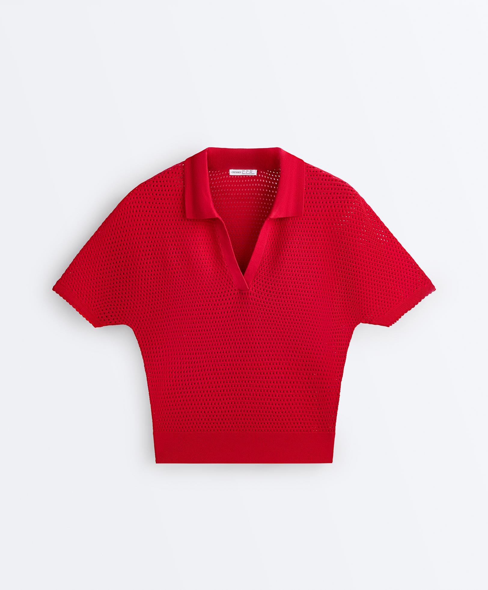 Cotton blend openwork knit polo — BRIGHT RED