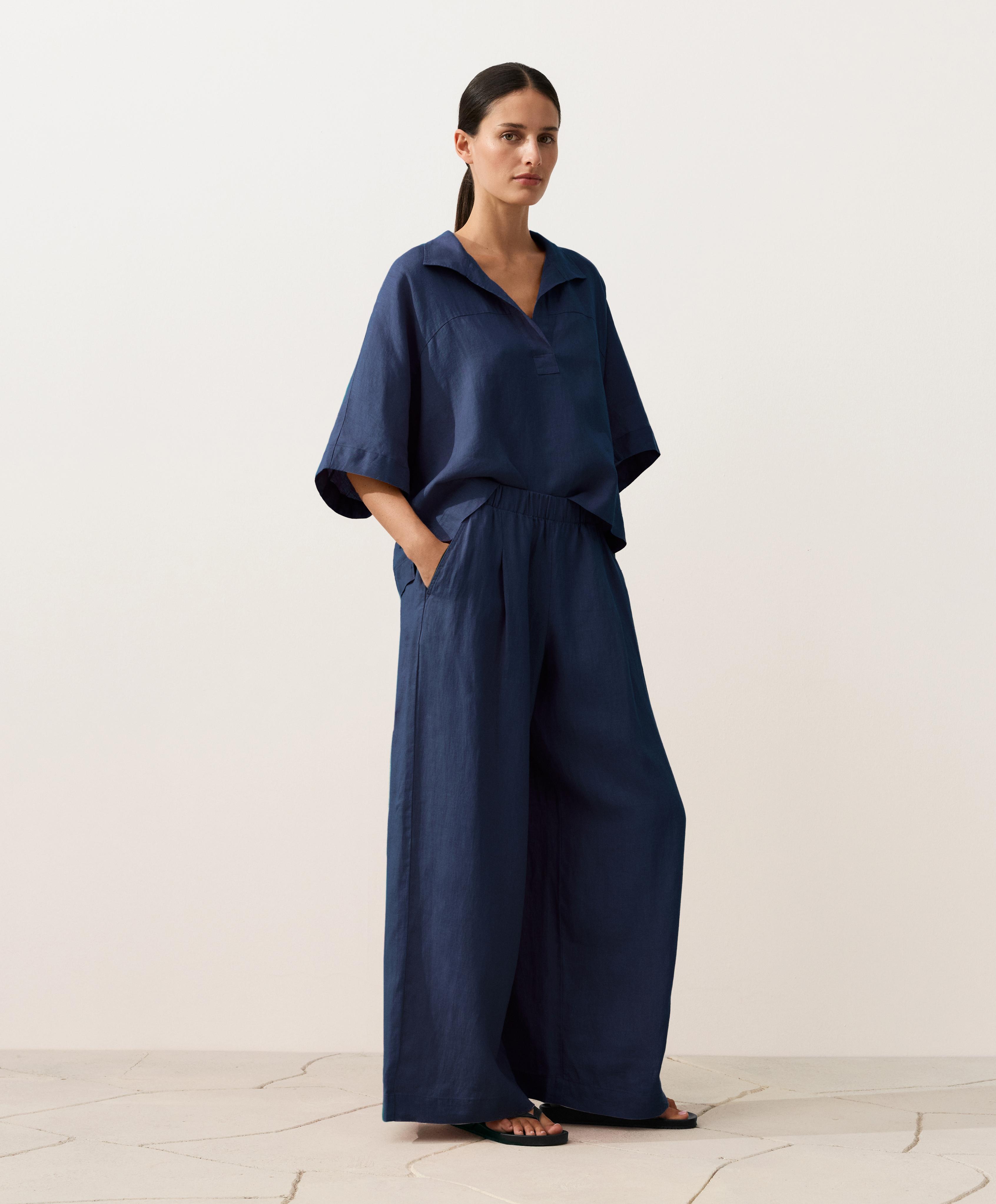 Oversize 100% linen polo shirt — NAVY