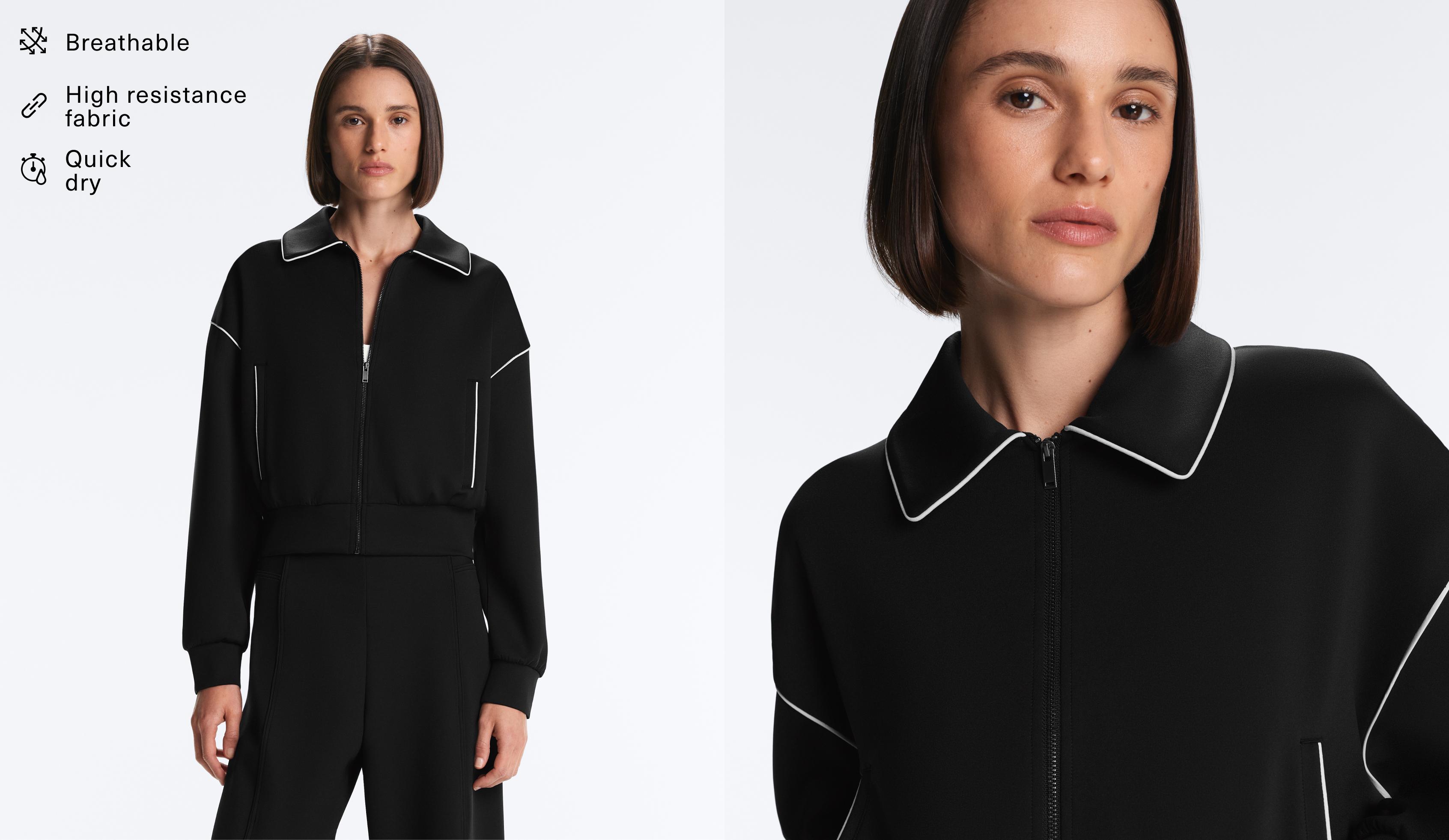 Neoprene-effect piping jacket — BLACK