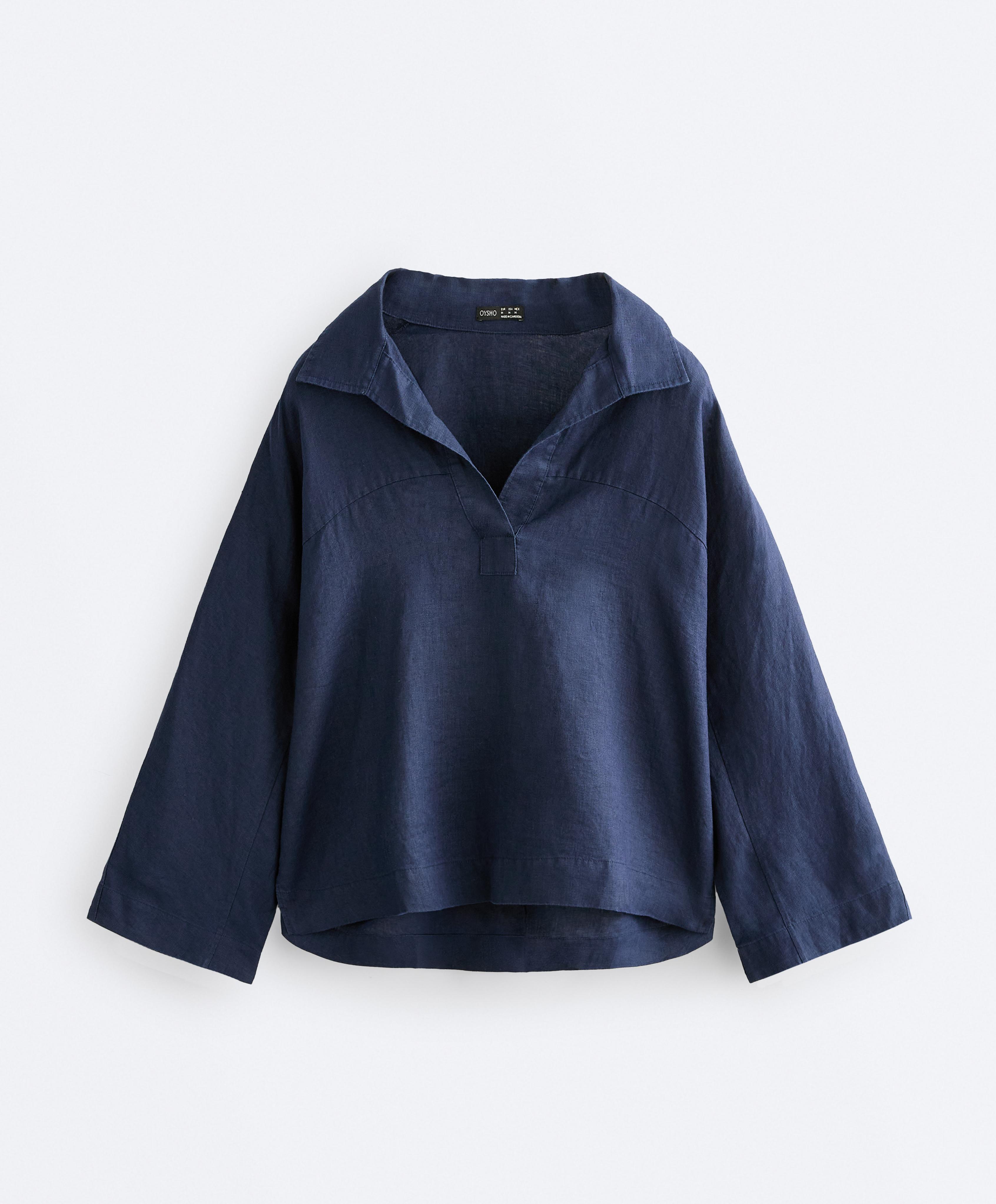 Oversize long-sleeve 100% linen polo shirt — NAVY