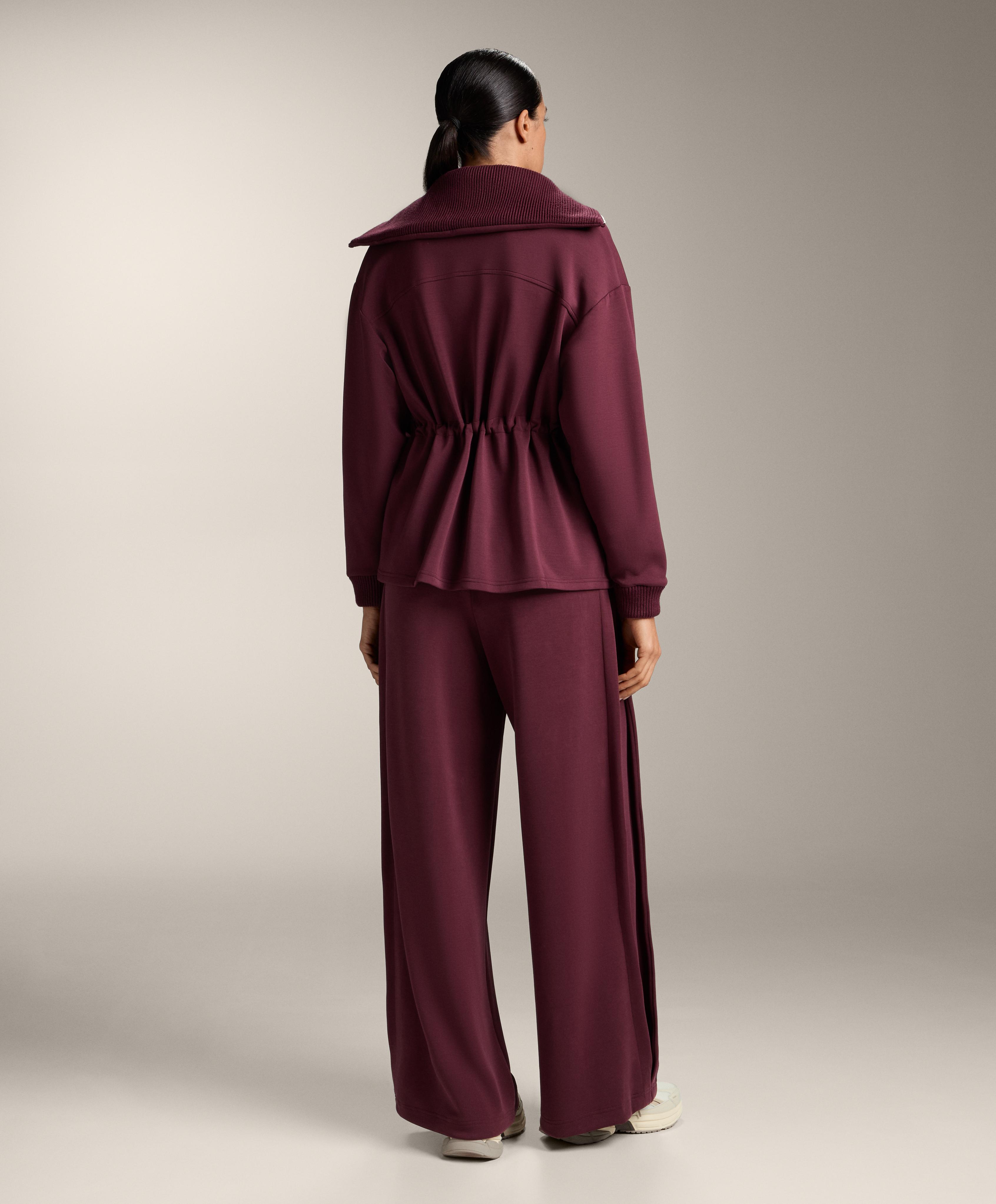 Adjustable waist knit collar jacket with brushed modal — MAROON