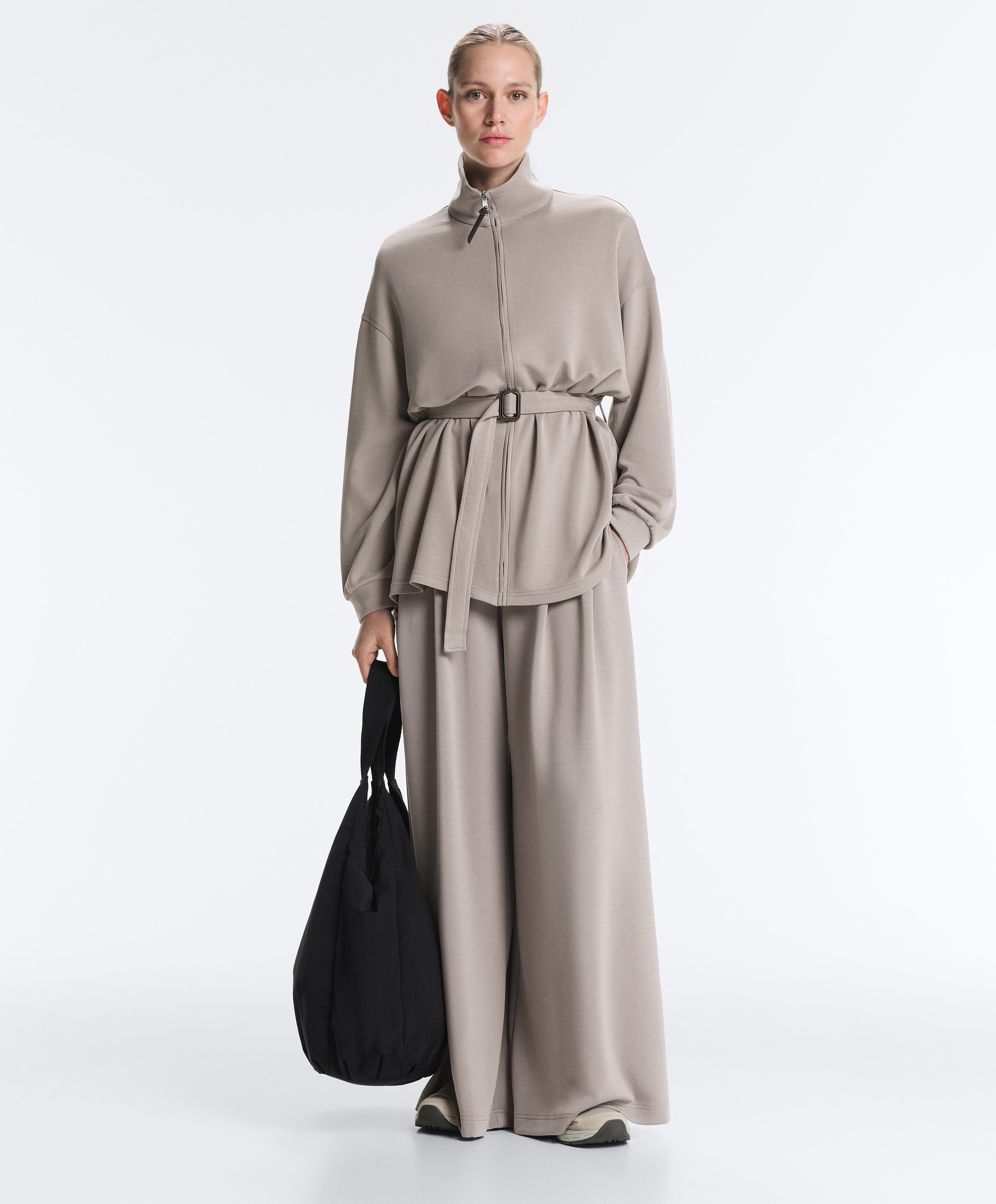 Long corset jacket with soft-touch modal belt — PALE TAUPE