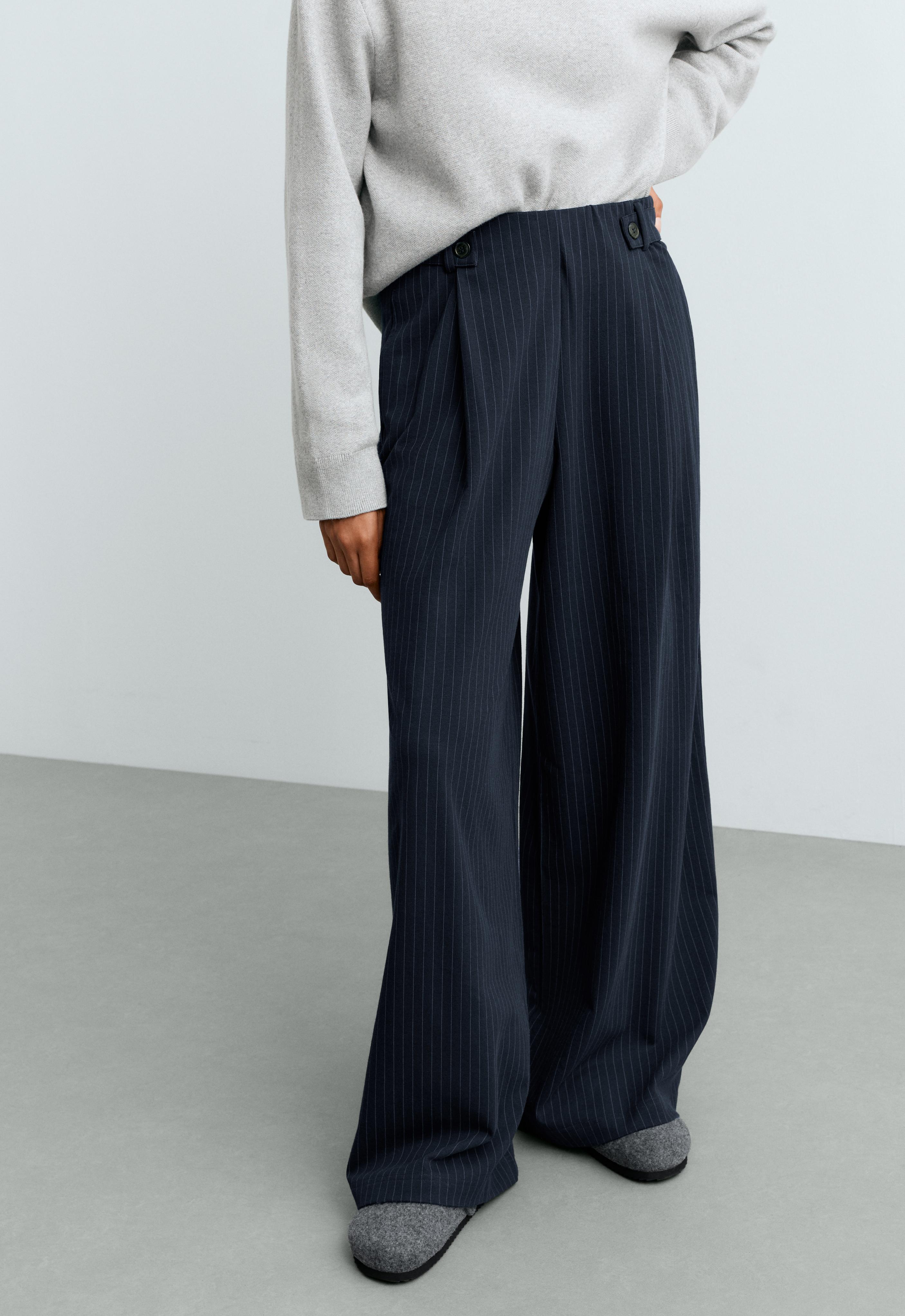Pinstripe cotton pique wide-leg trousers — NAVY BLUE