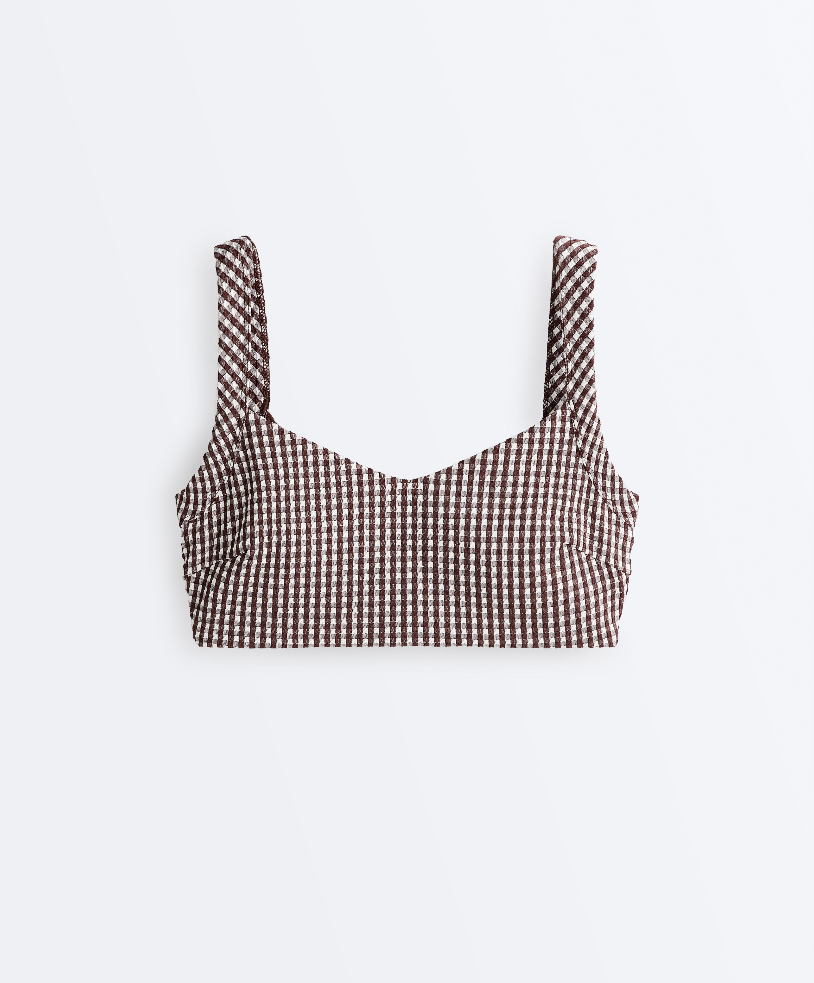 Medium-support gingham sports bra — DARK REDDISH‑BROWN