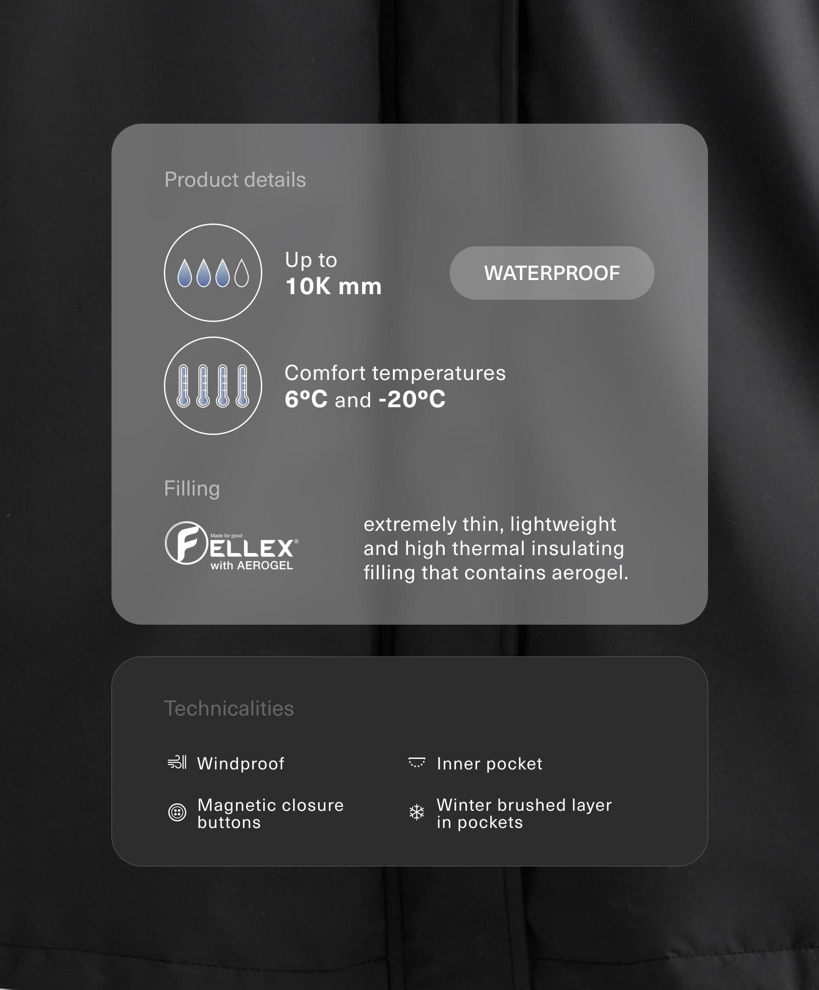 Lång, vadderad och vattentät jacka 10k FELLEX® med AEROGEL