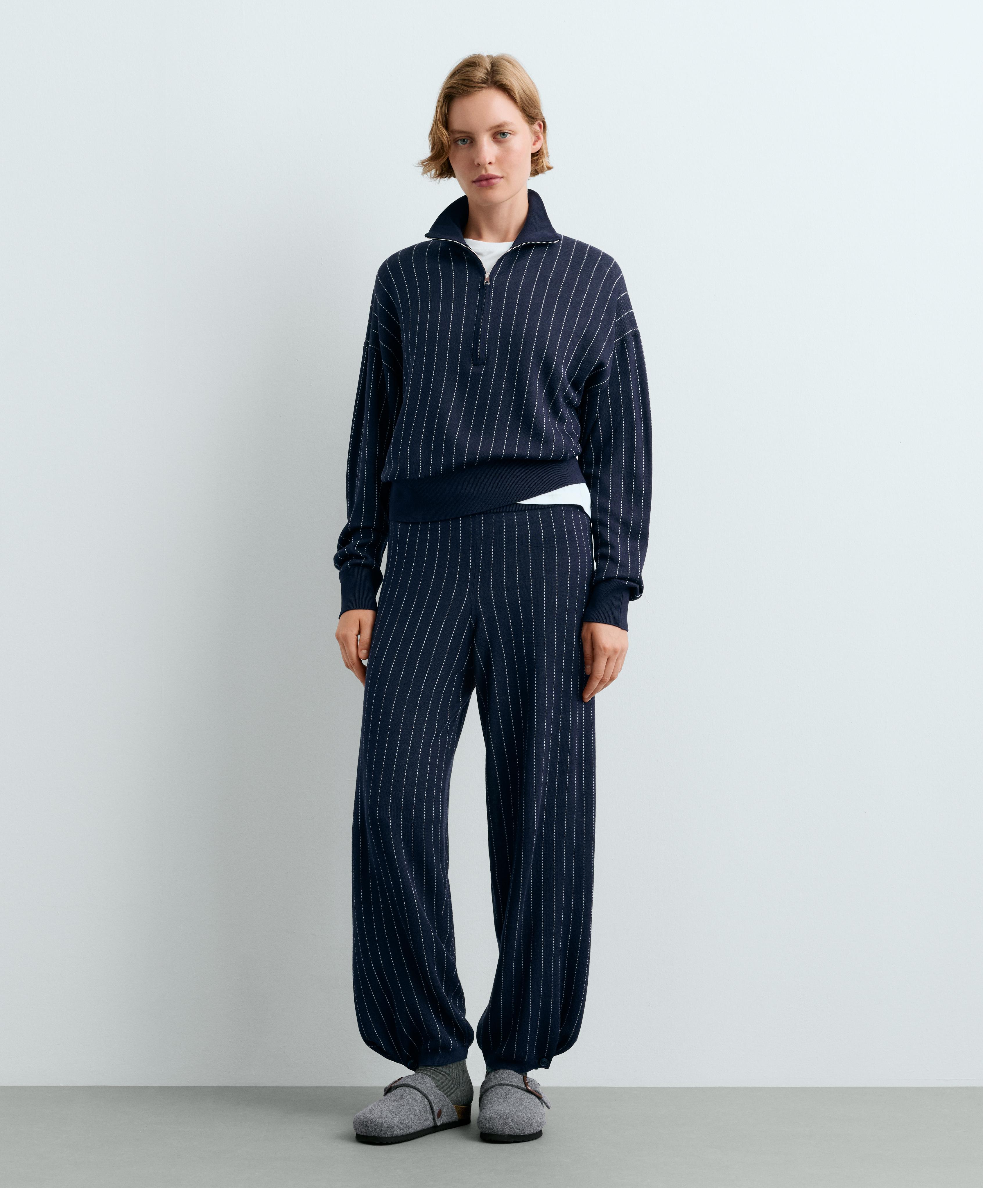Pinstripe half-zip knit jumper — NAVY BLUE