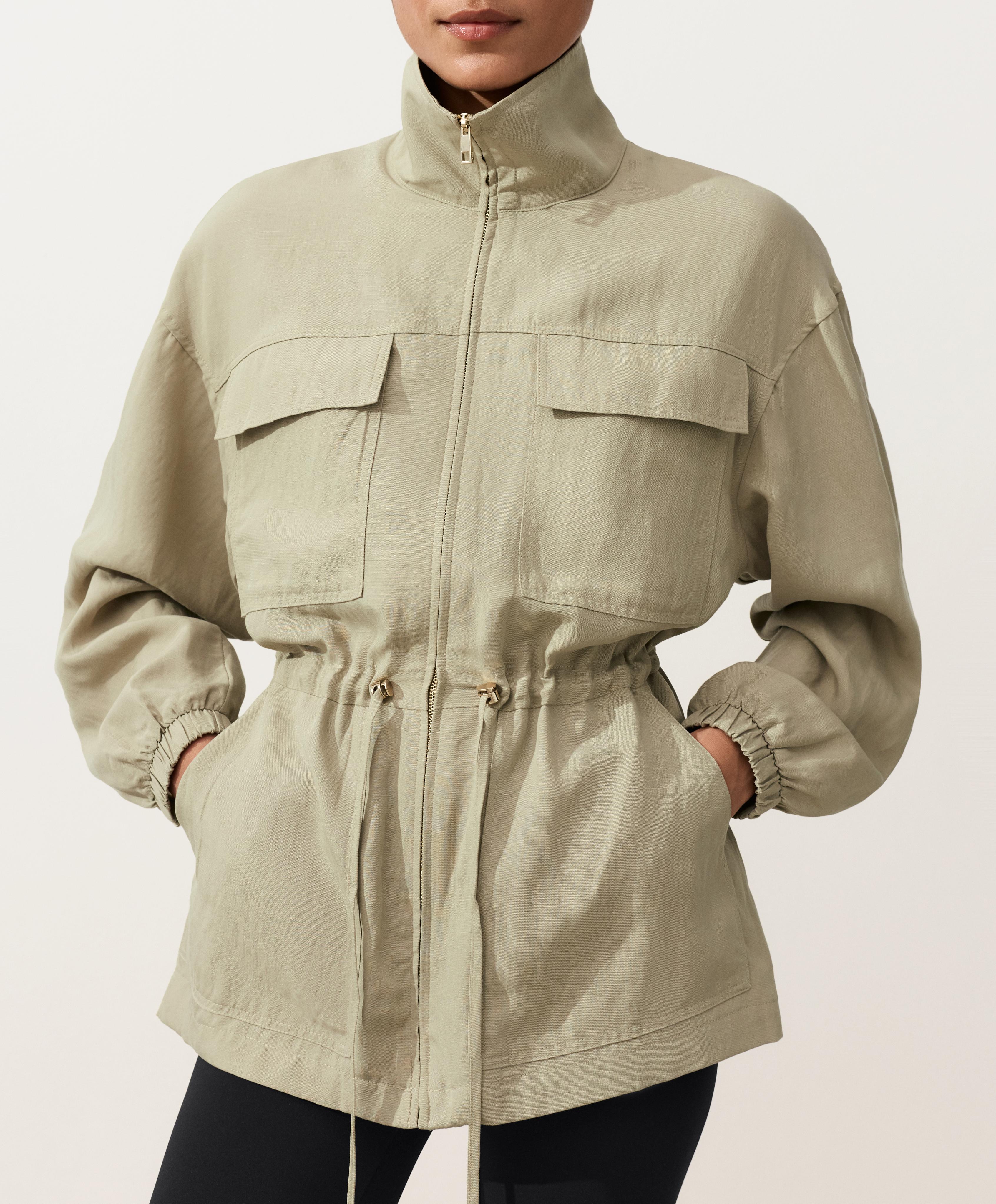 Lyocell and 24% linen blend ruched waist jacket — GREEN BEIGE