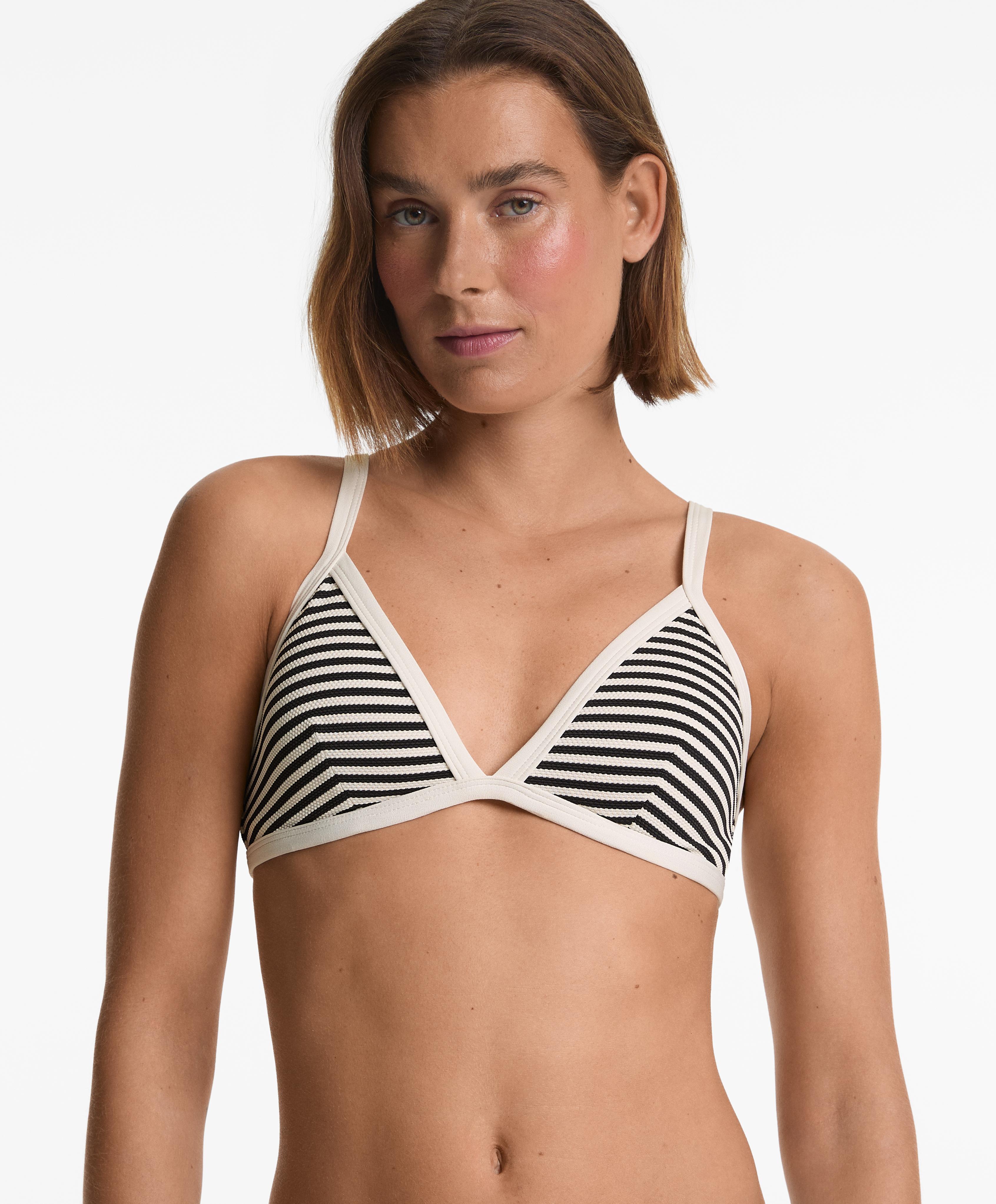 Stripe piqué triangle bikini top with trim