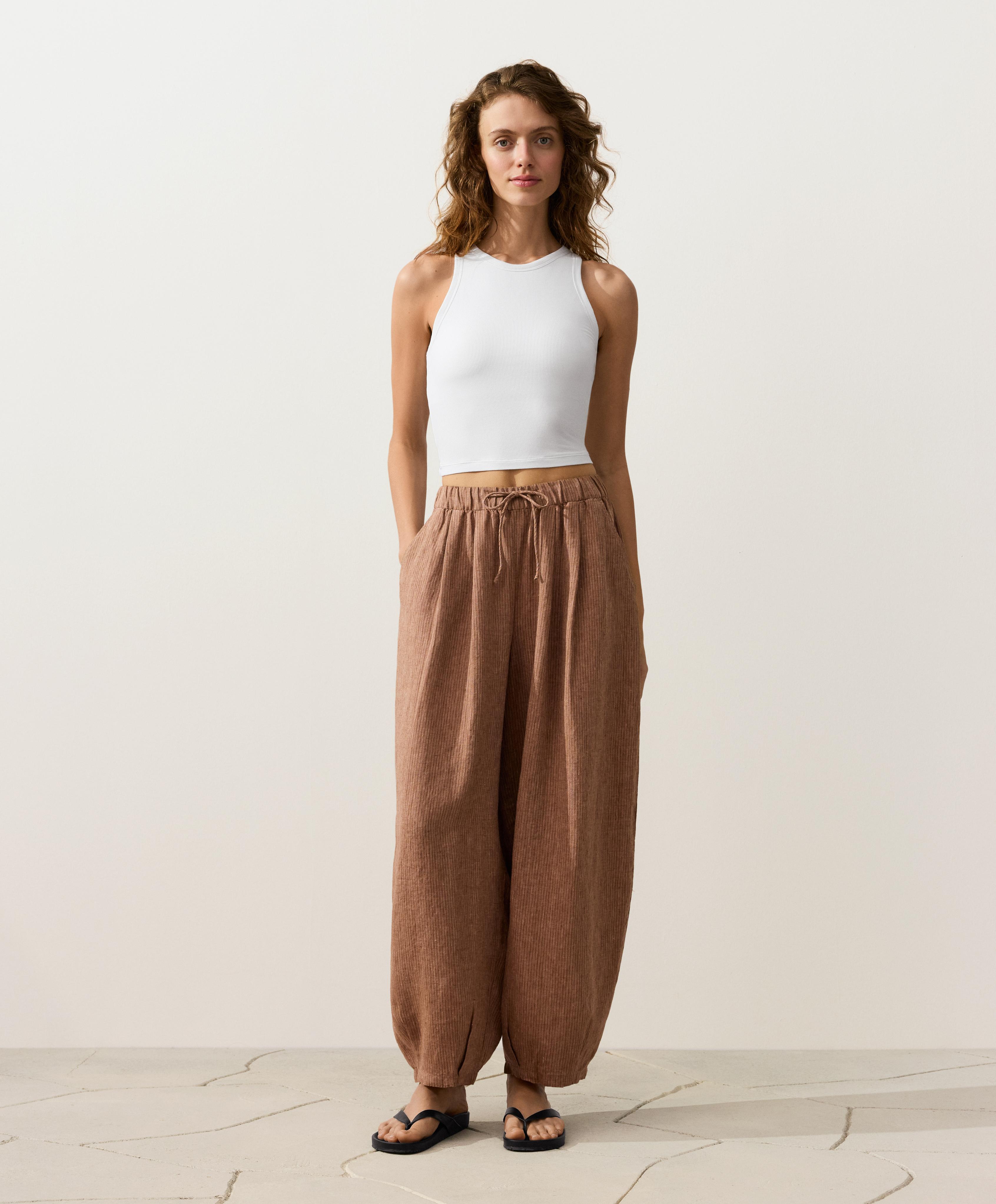 100% linen striped balloon trousers — TAN MELANGE