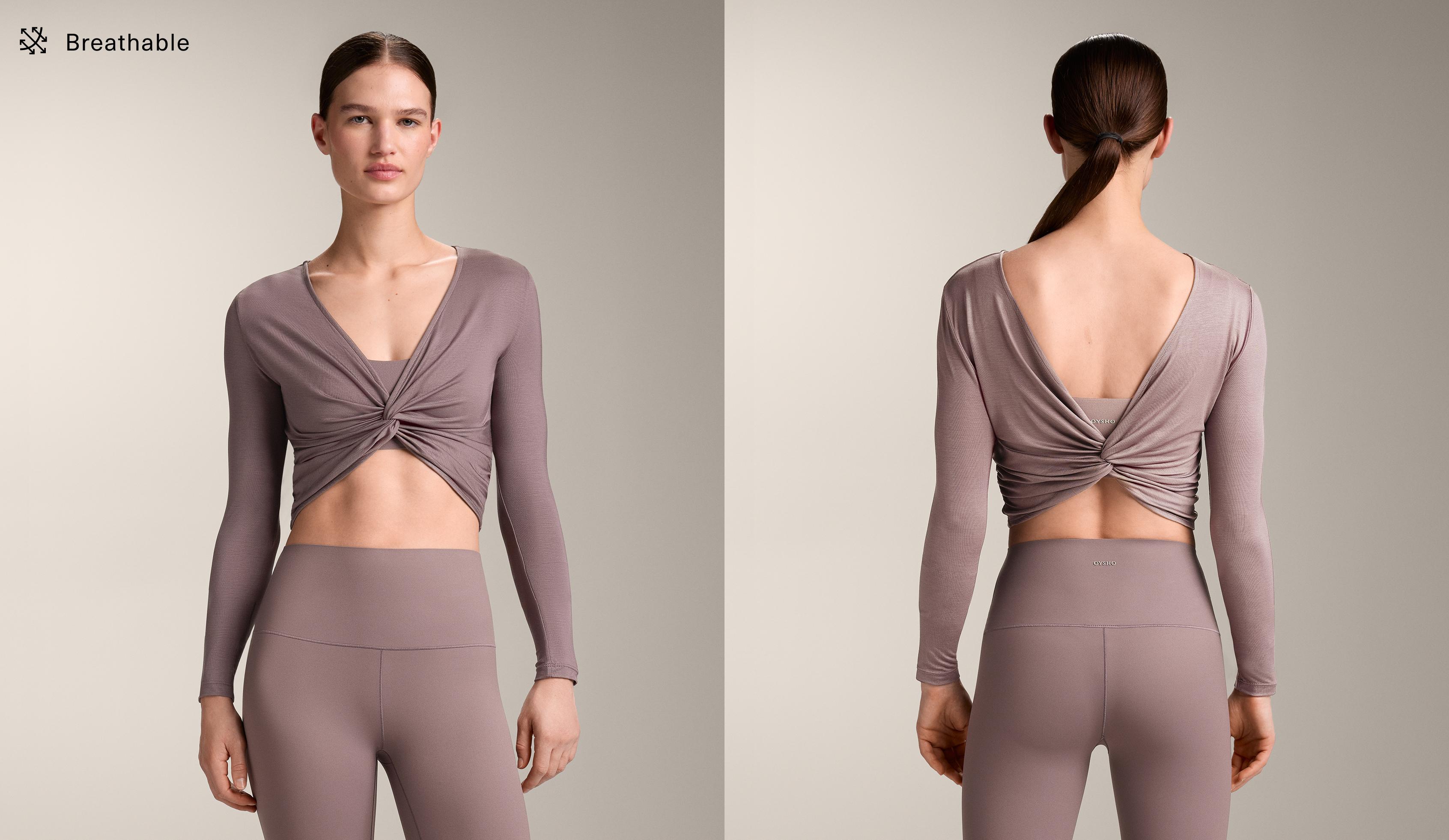Multi-position long sleeve knotted lyocell blend T-shirt — GREY-LILAC