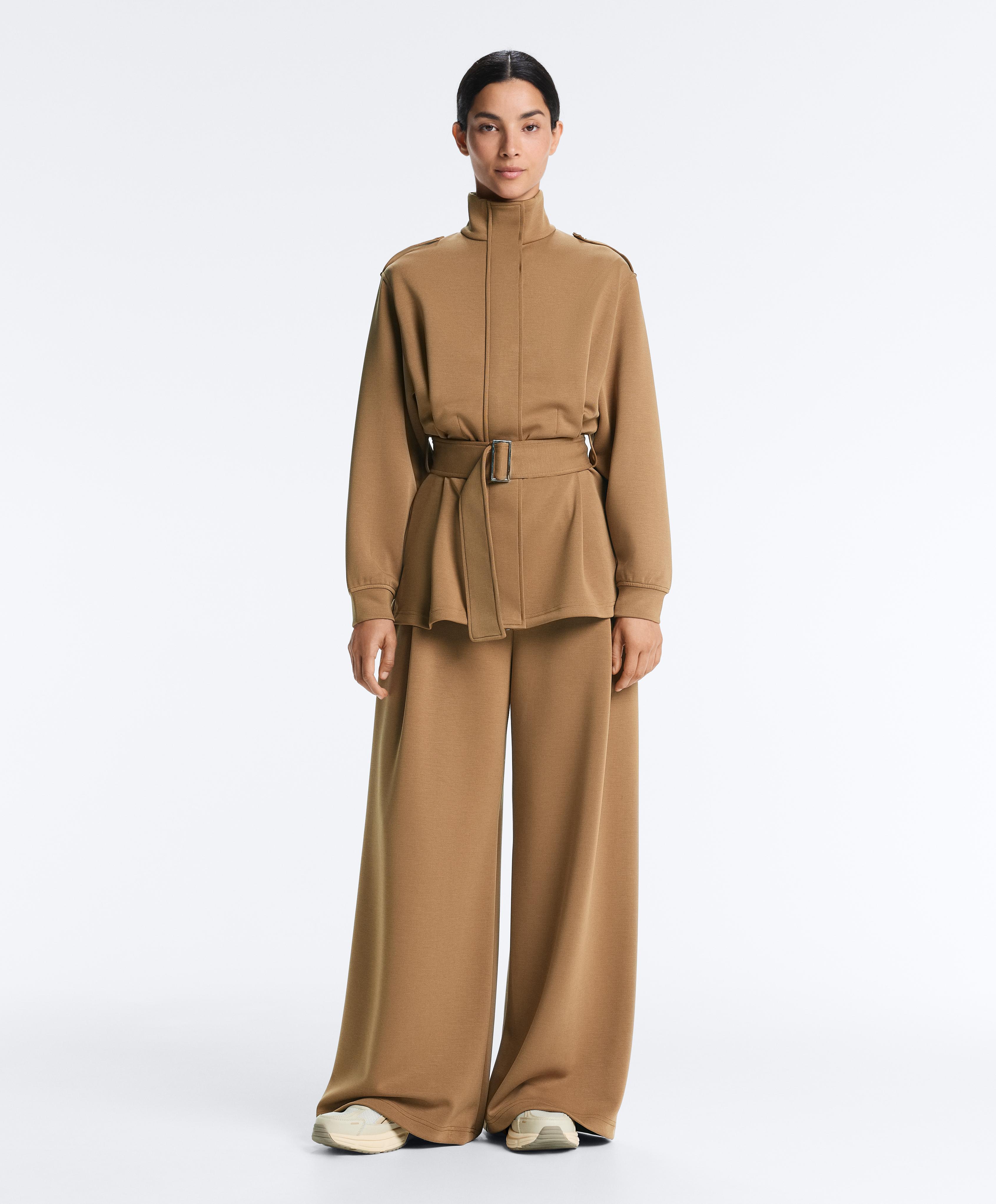 Long utility jacket with cotton and modal twill belt