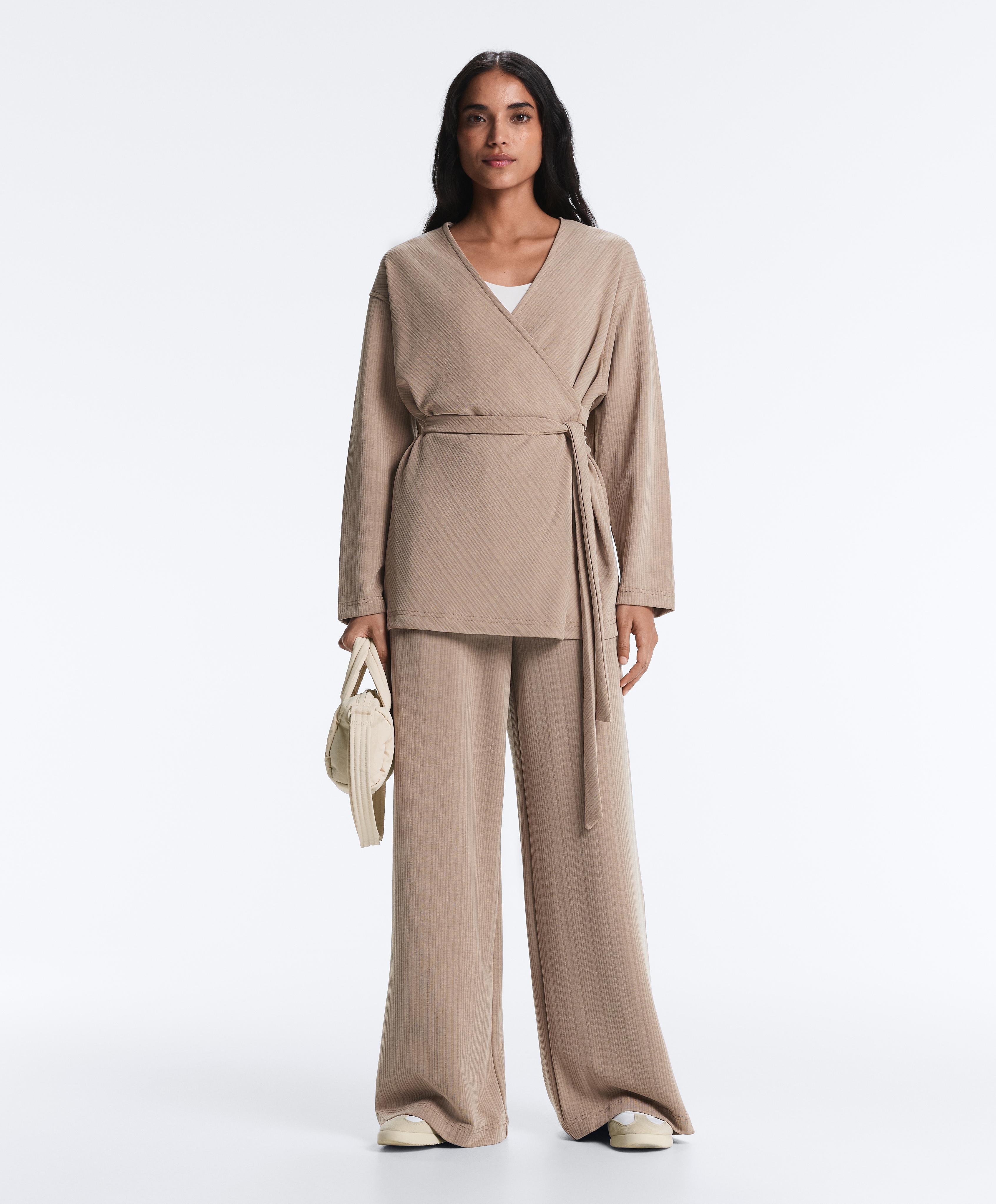 Long asymmetric stripe jacket with modal — DARK TAUPE