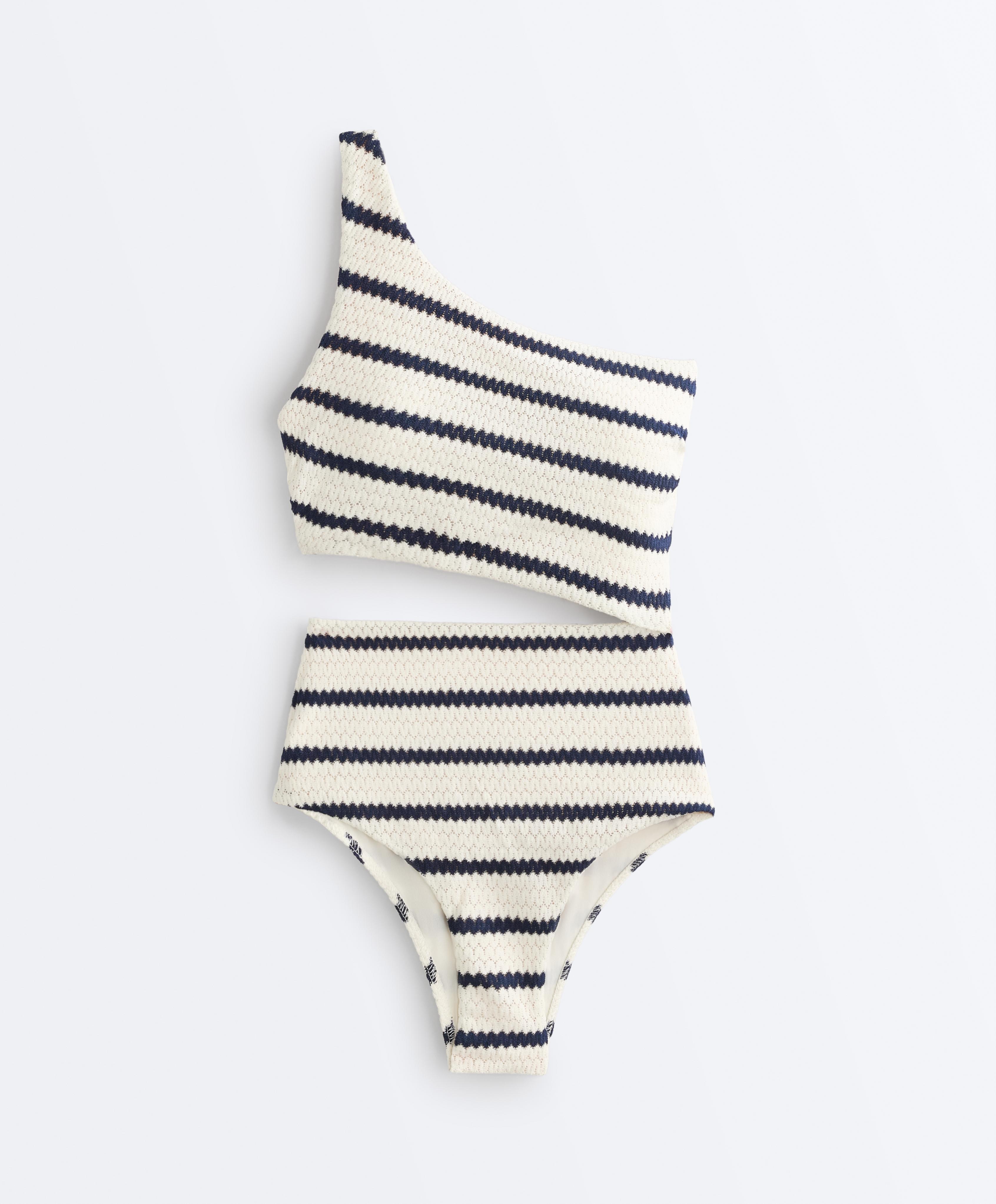 Asymmetric striped crochet trikini — PALE ECRU