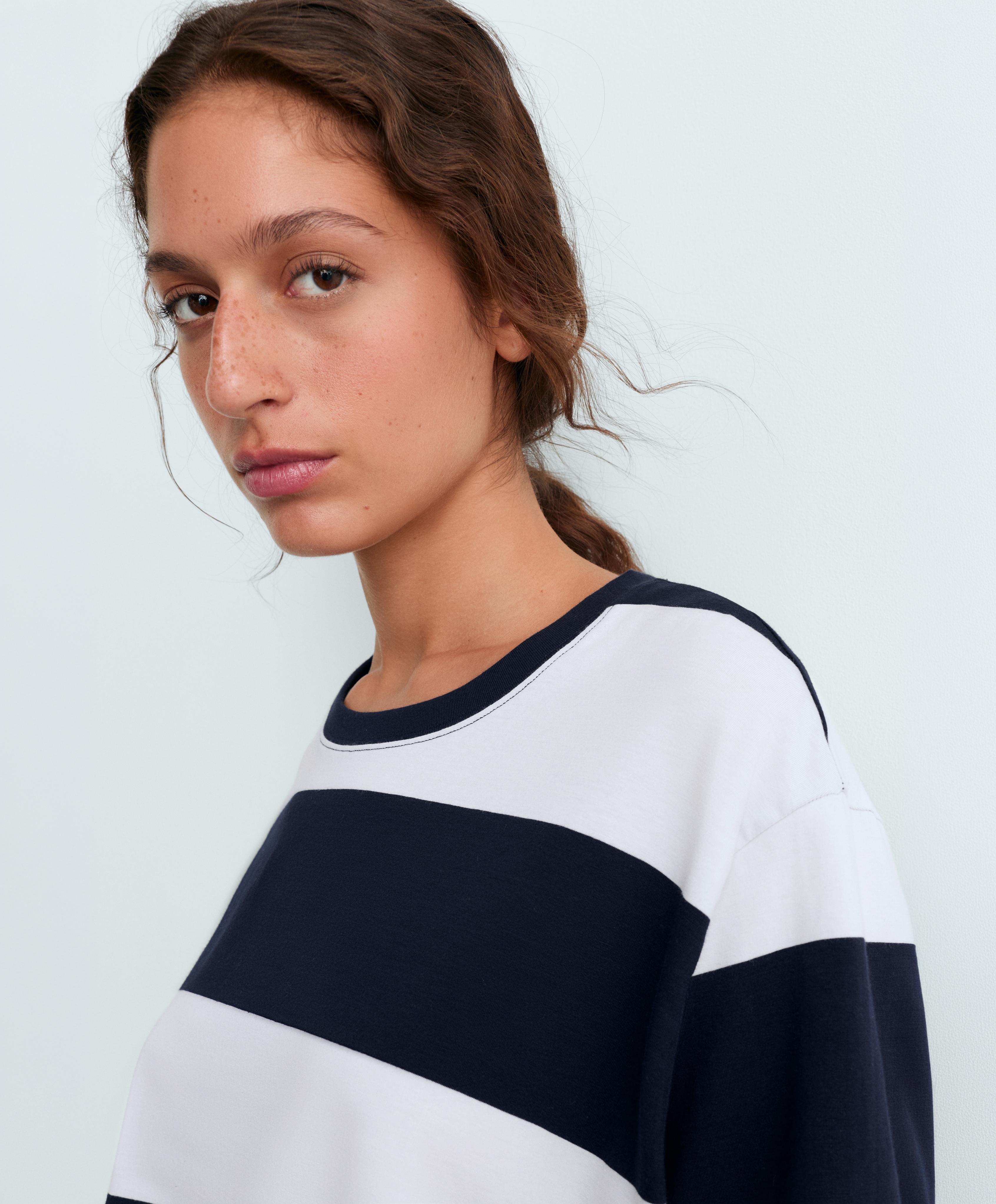 Boxy cotton-blend T-shirt with wide stripes — NAVY BLUE