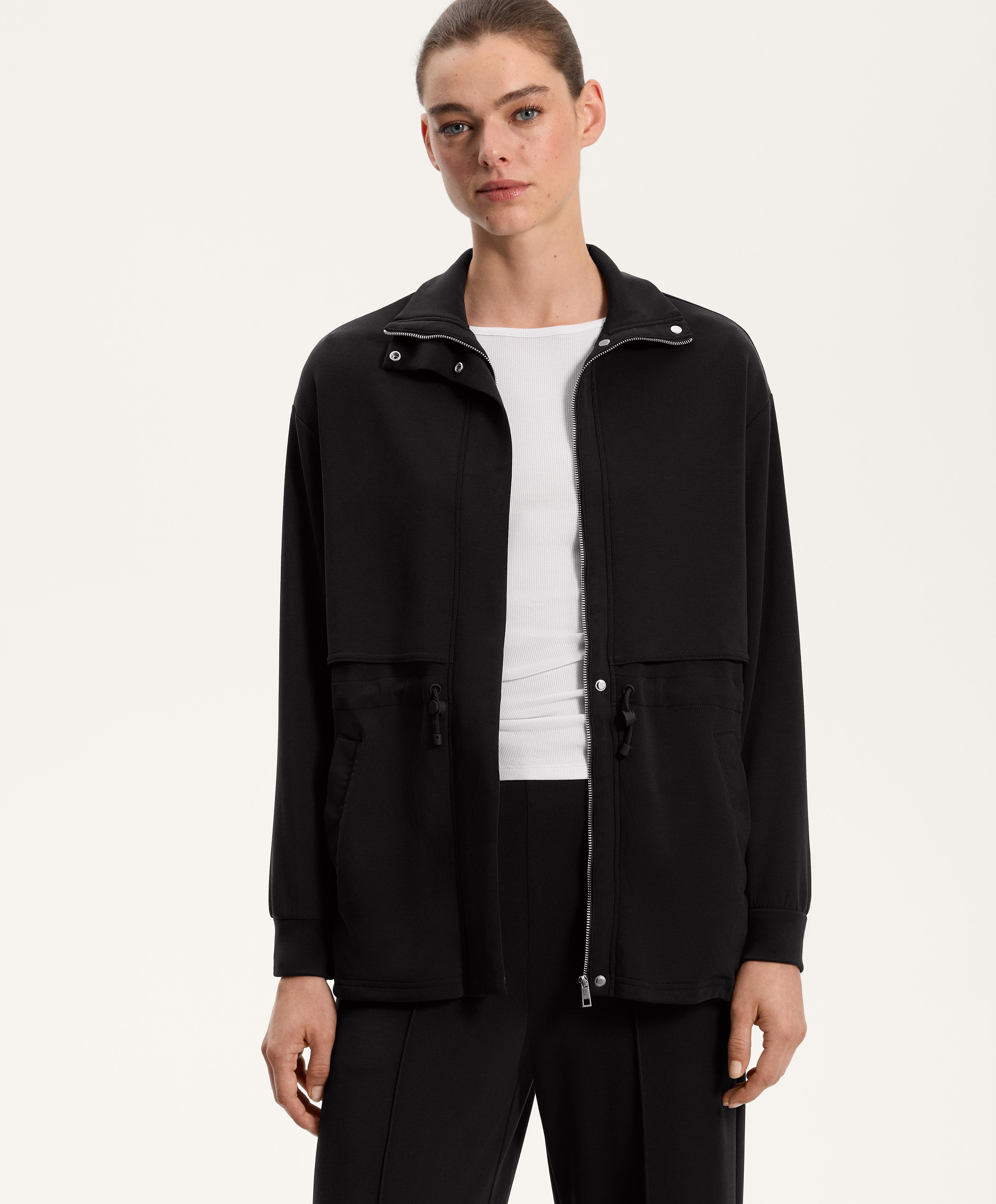 Long soft-touch jacket with modal and pockets — BLACK