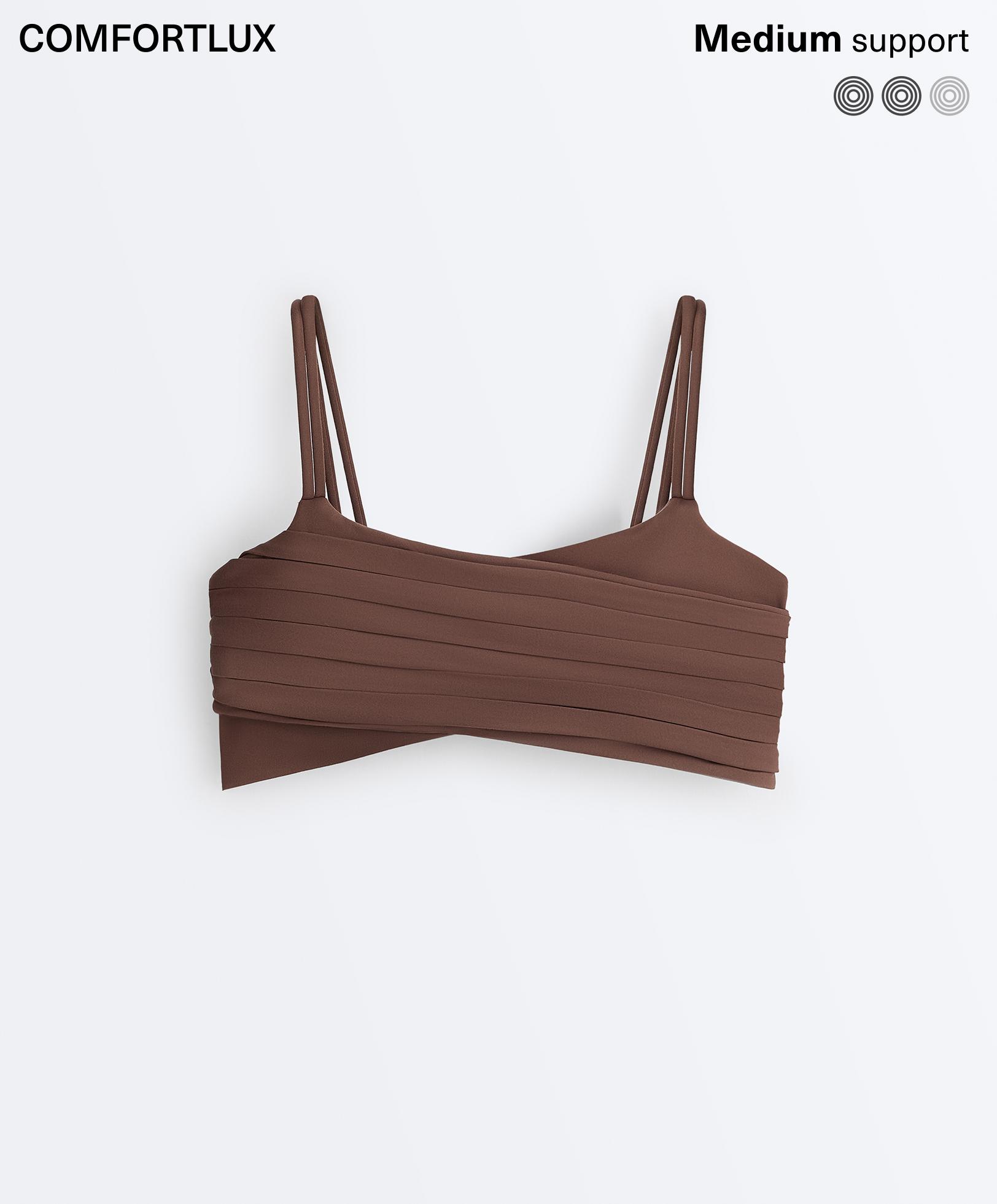 Pleated medium-support Comfortlux sports bra — MID-BROWN