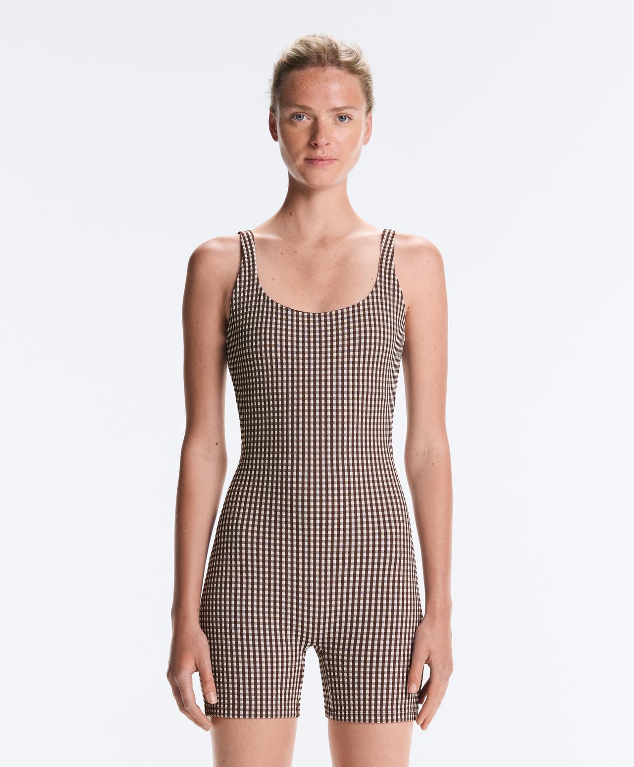 Comfortlux gingham short jumpsuit — DARK REDDISH‑BROWN