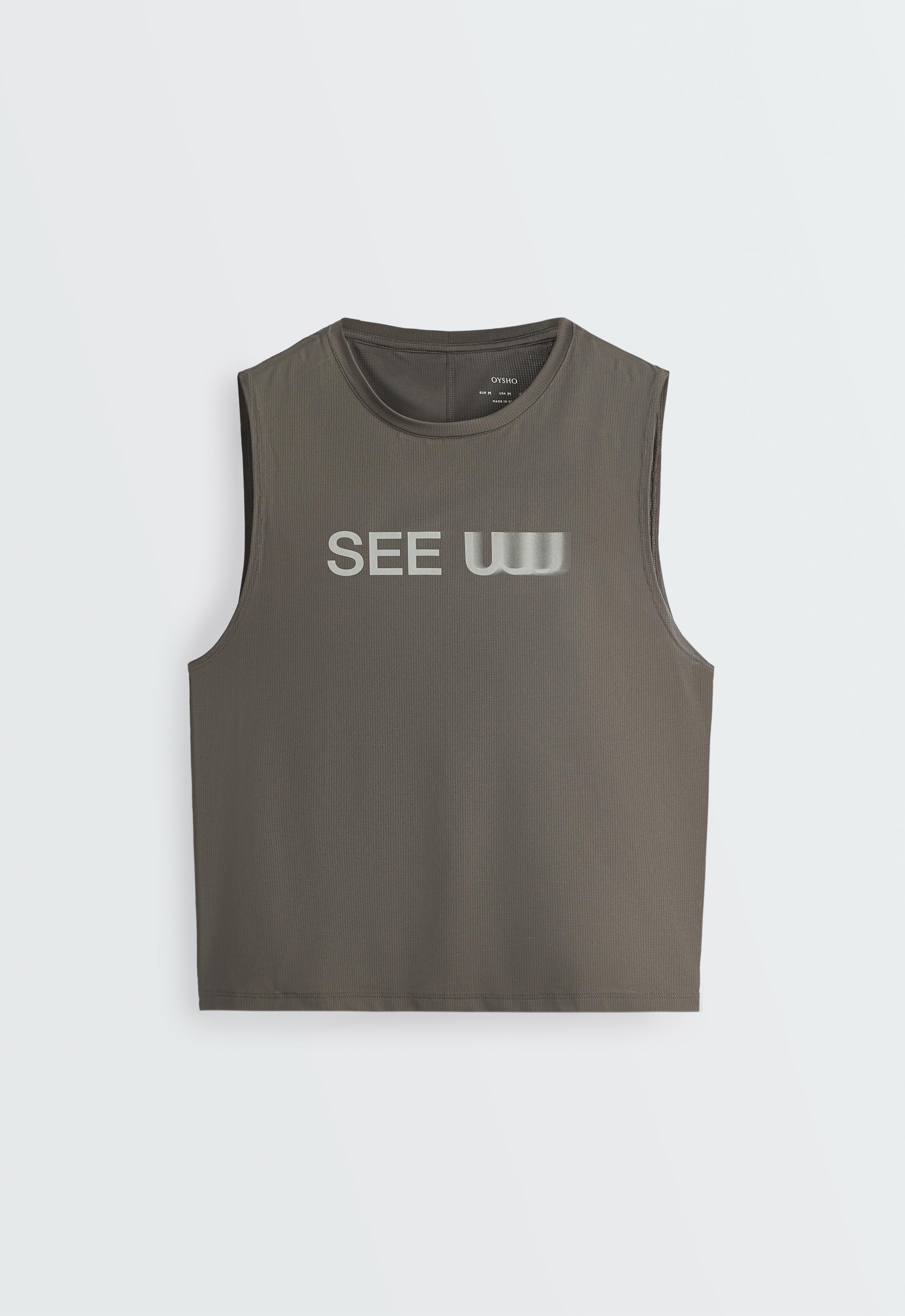 Technical sleeveless T-shirt with text — CHARCOAL GREY