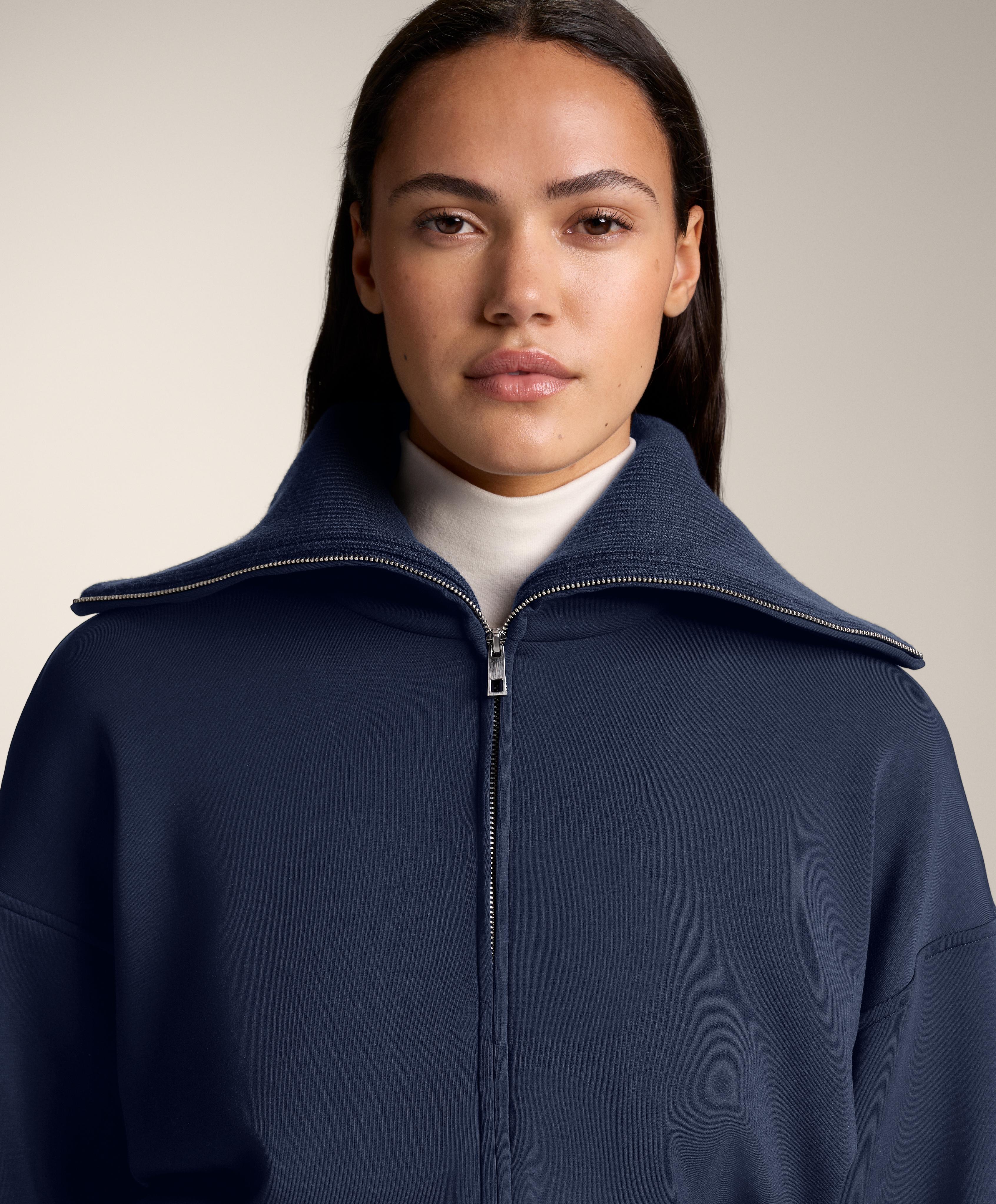 Fitted waist knit collar jacket with brushed modal — NAVY BLUE