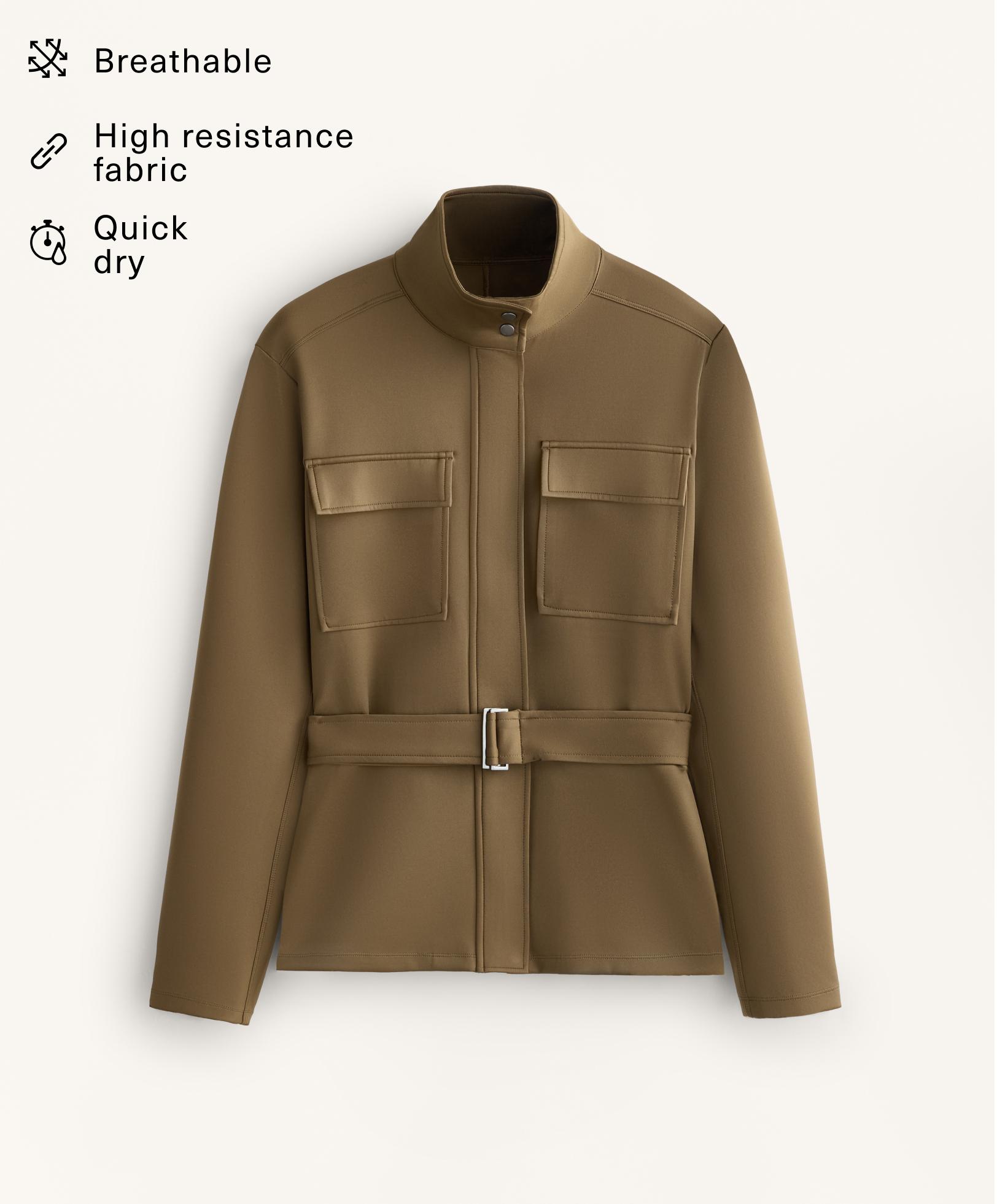 Neoprene-effect jacket with belt — OLIVE GREEN