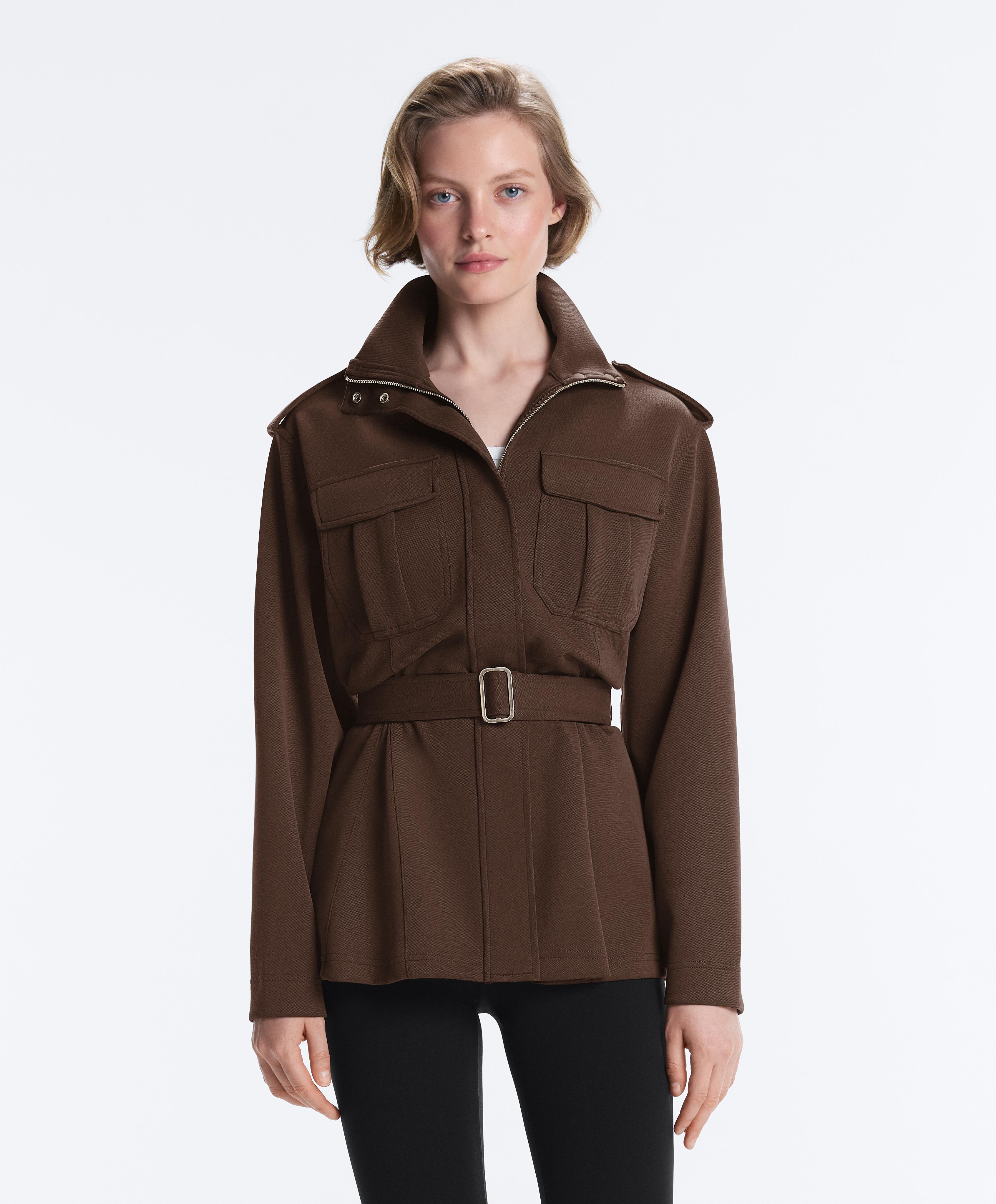 Long utility pique jacket with belt — DARK BROWN
