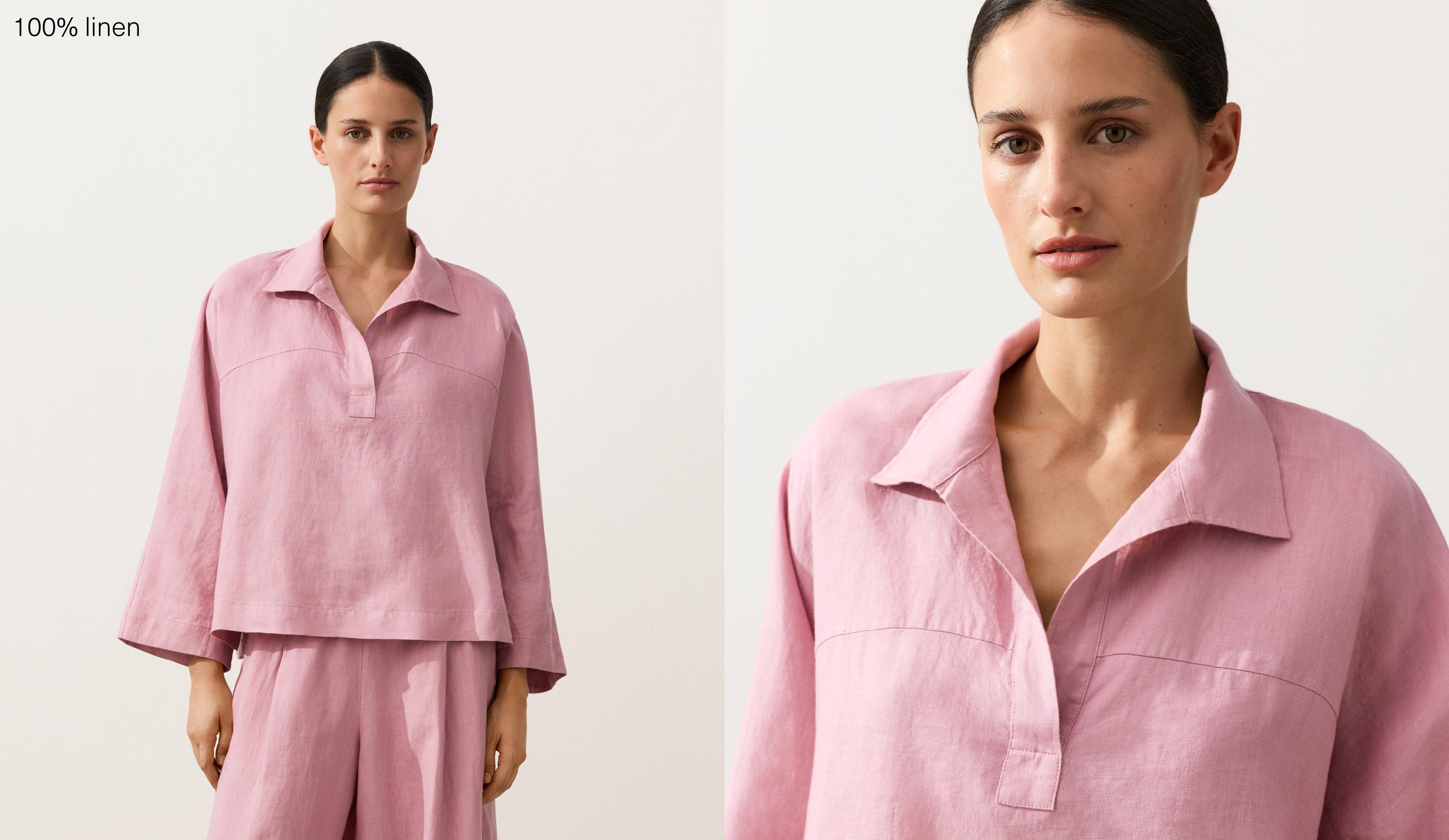 Oversize long-sleeve 100% linen polo shirt — MID-PINK