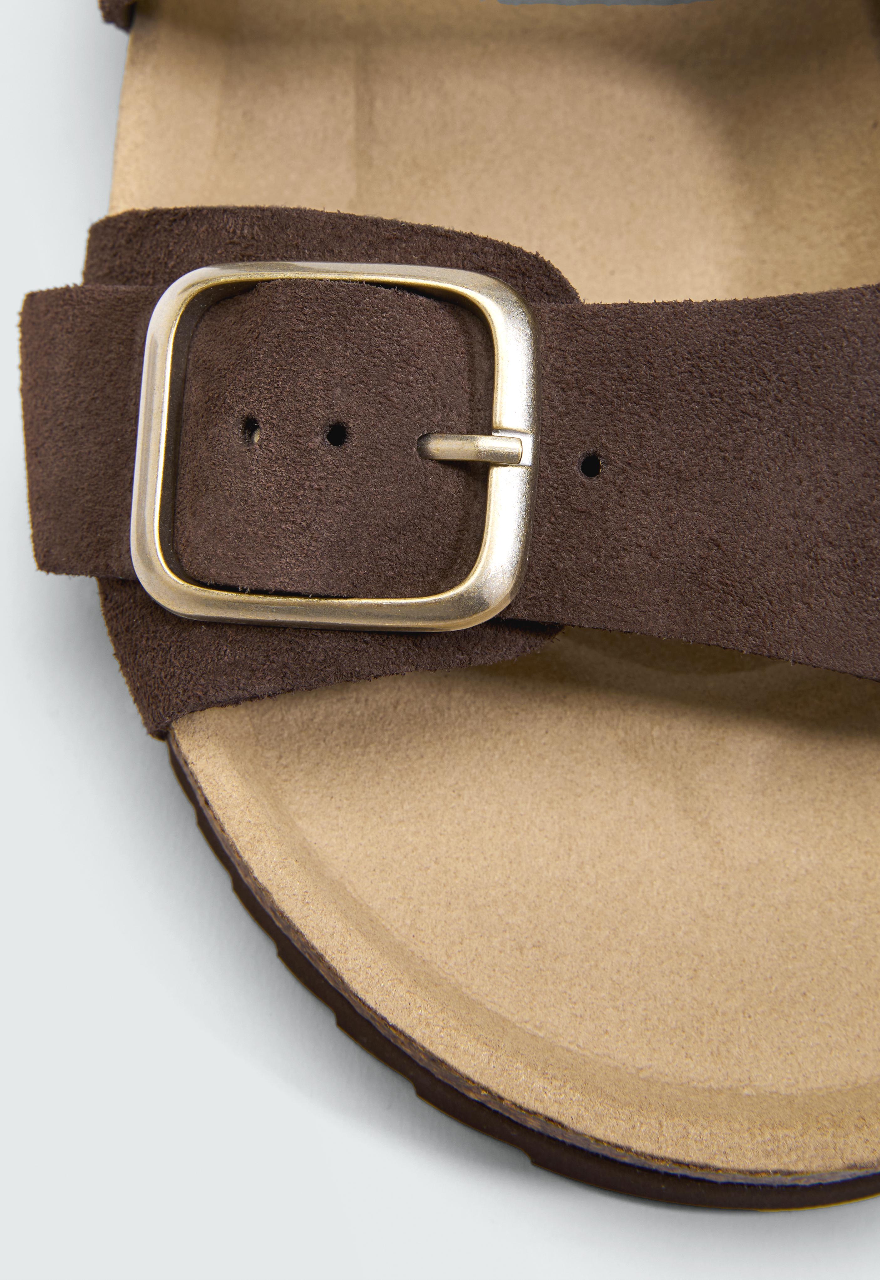 Buckle split-leather slides — BROWN