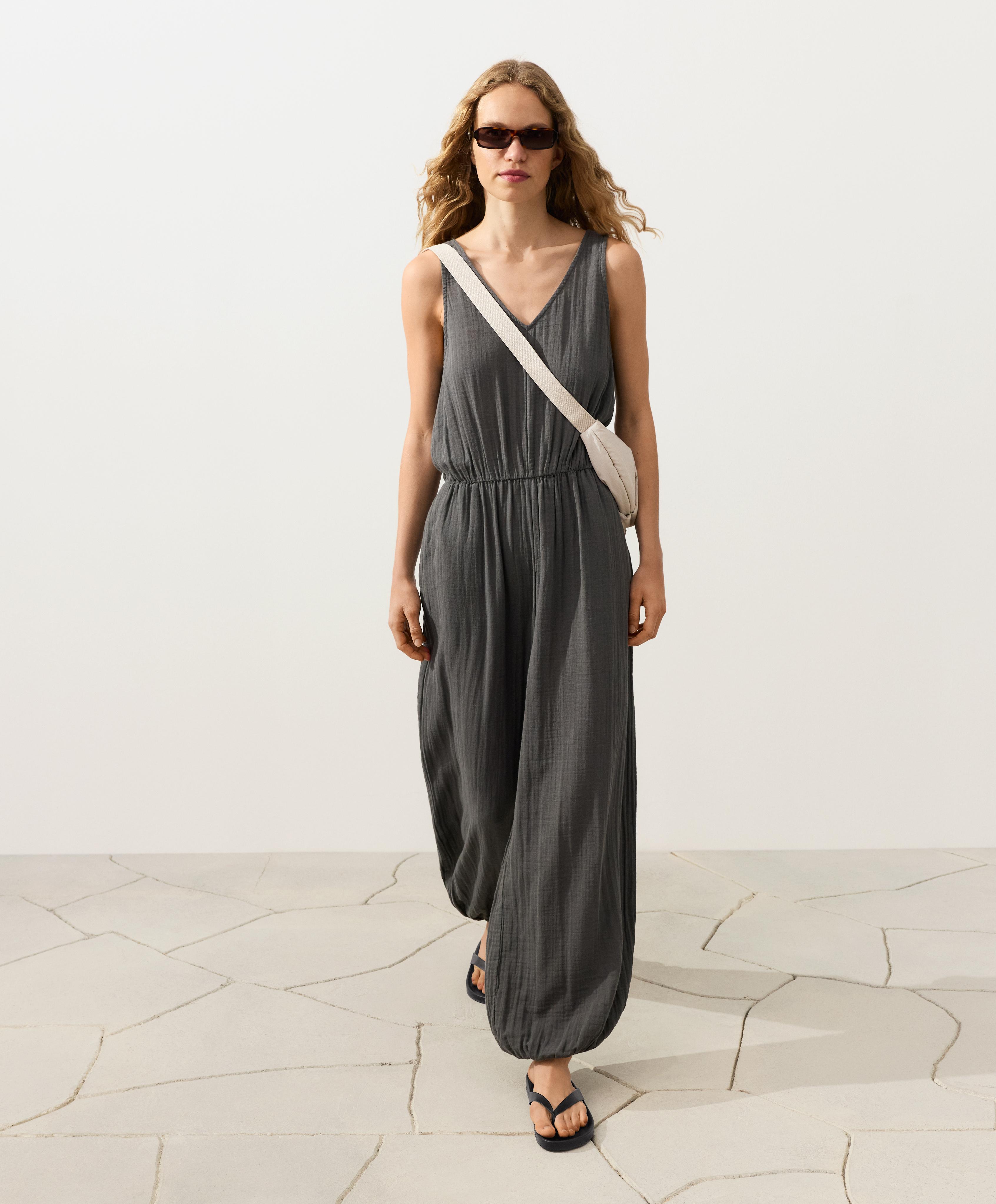 100% cotton crinkle long jumpsuit — ASPHALT