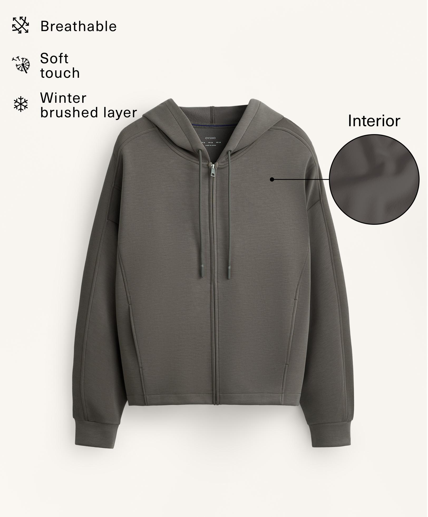 Hooded jacket with Rib details with Brushed modal — CHARCOAL GREY