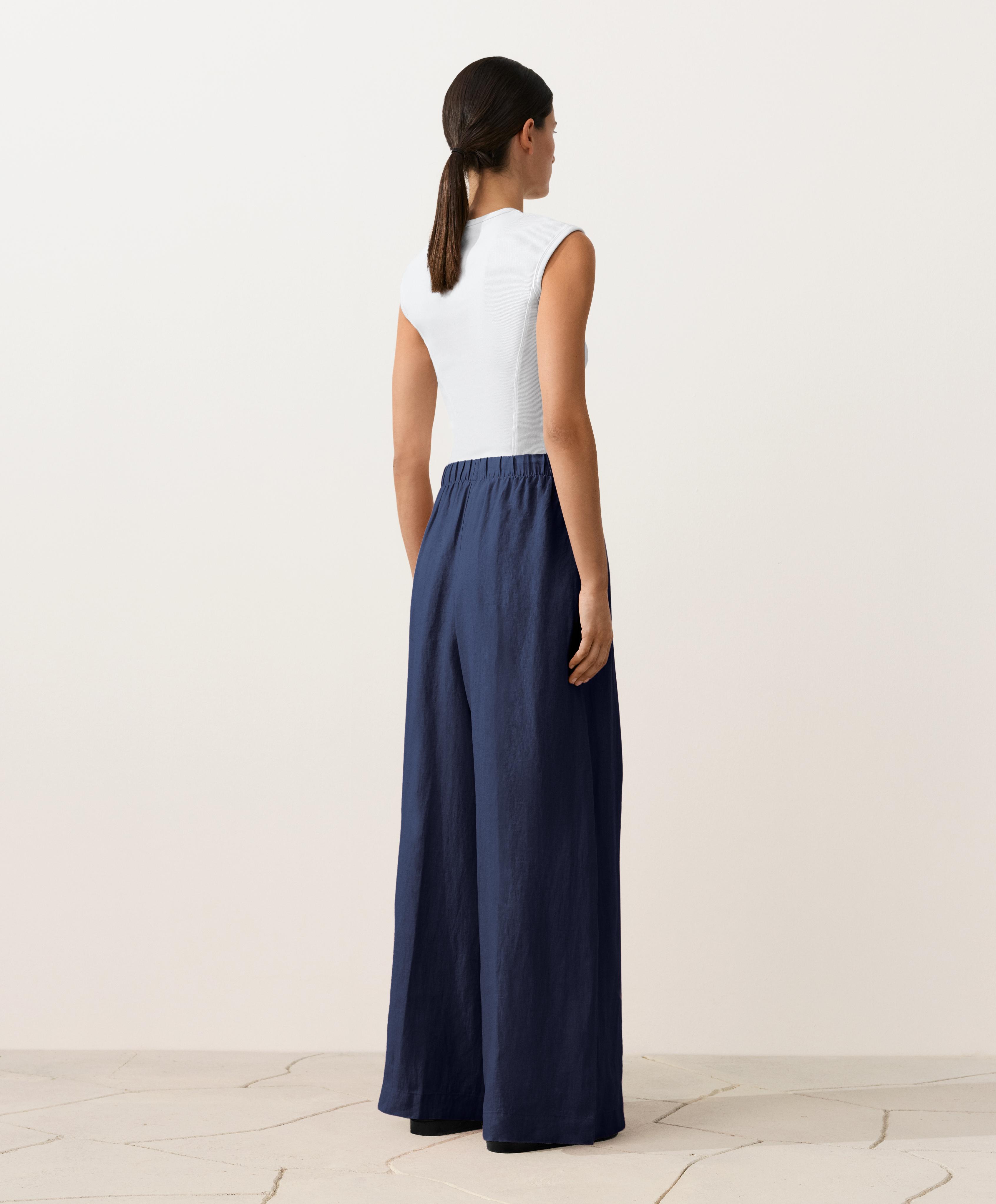 100% linen wide-leg trousers — NAVY