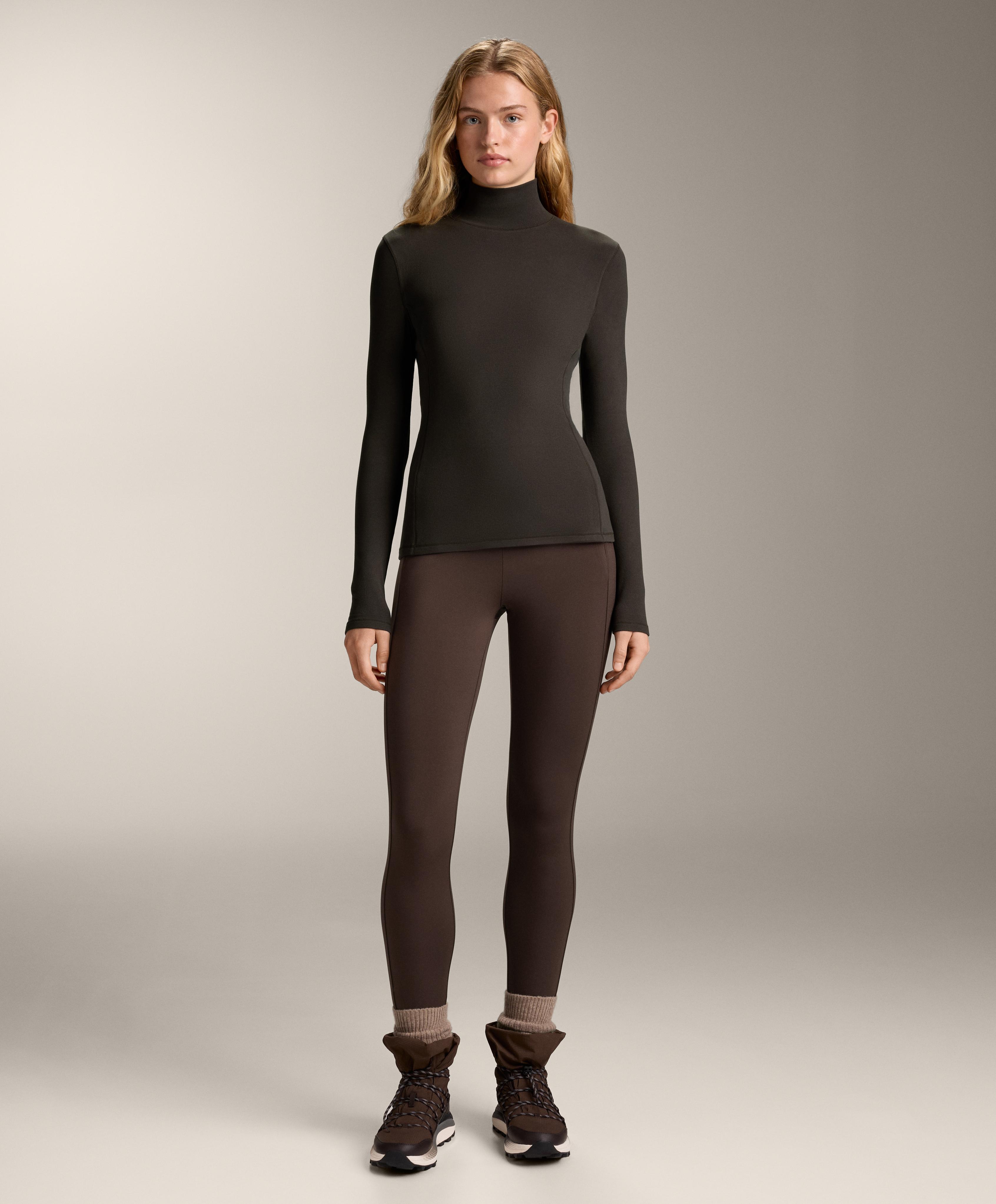 High-neck thermal base layer fleece top — DARK BROWN