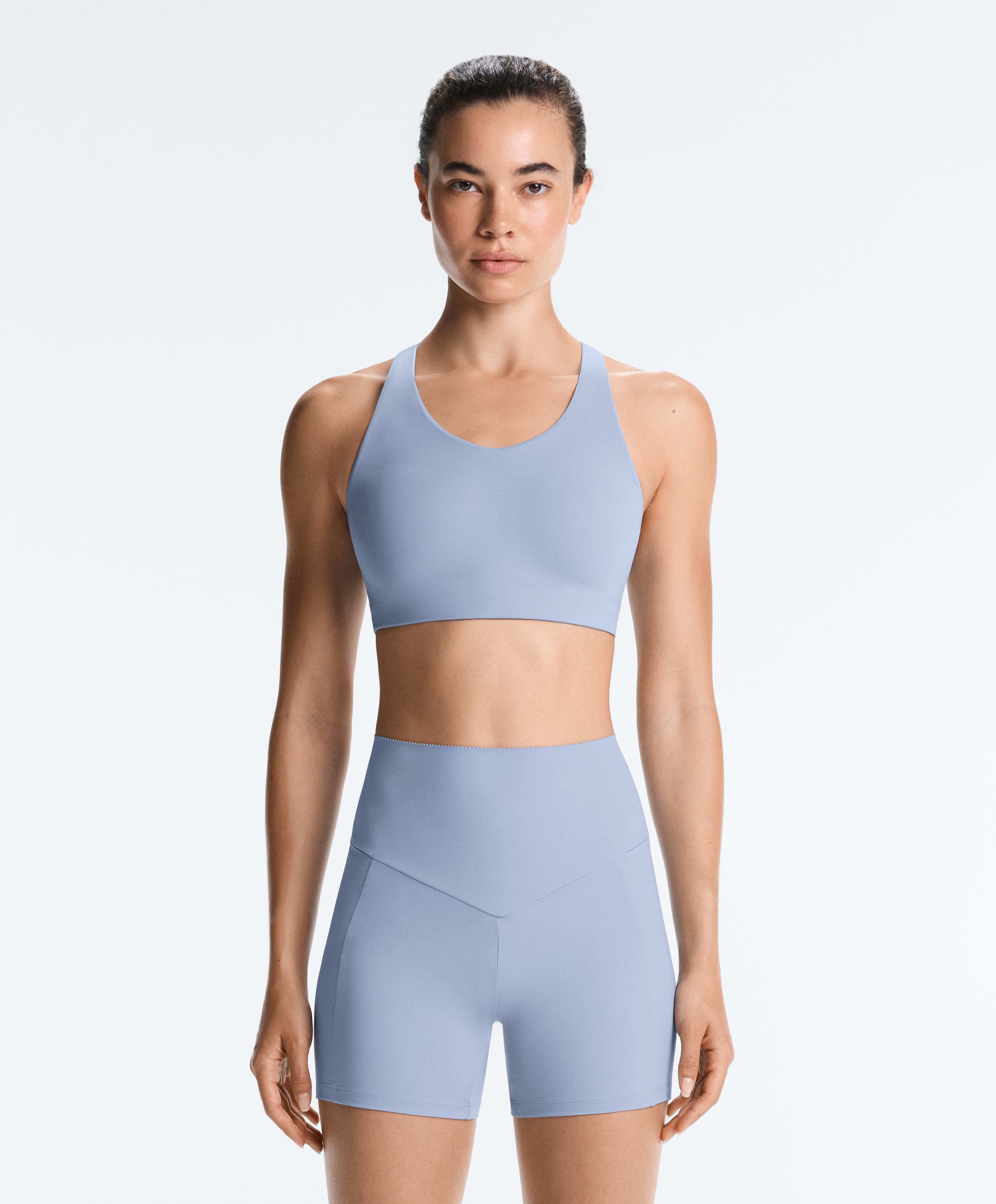 High-support Compressive sports bra with crossover back — MID GREY-BLUE