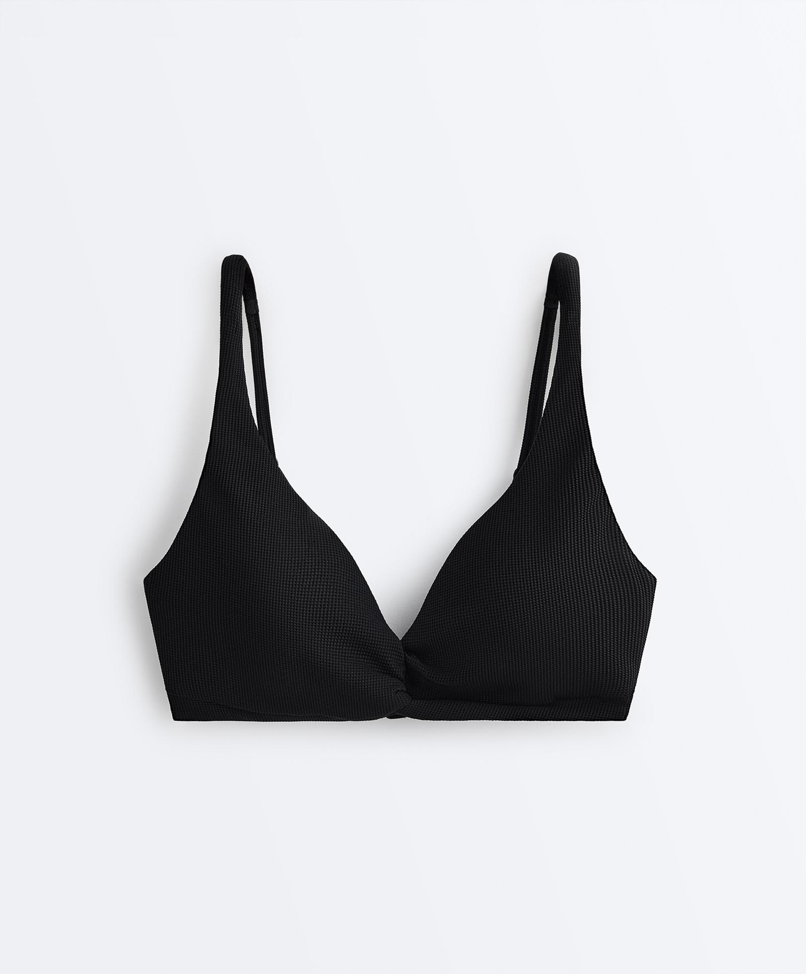 Piqué tie-back halter bikini top — BLACK