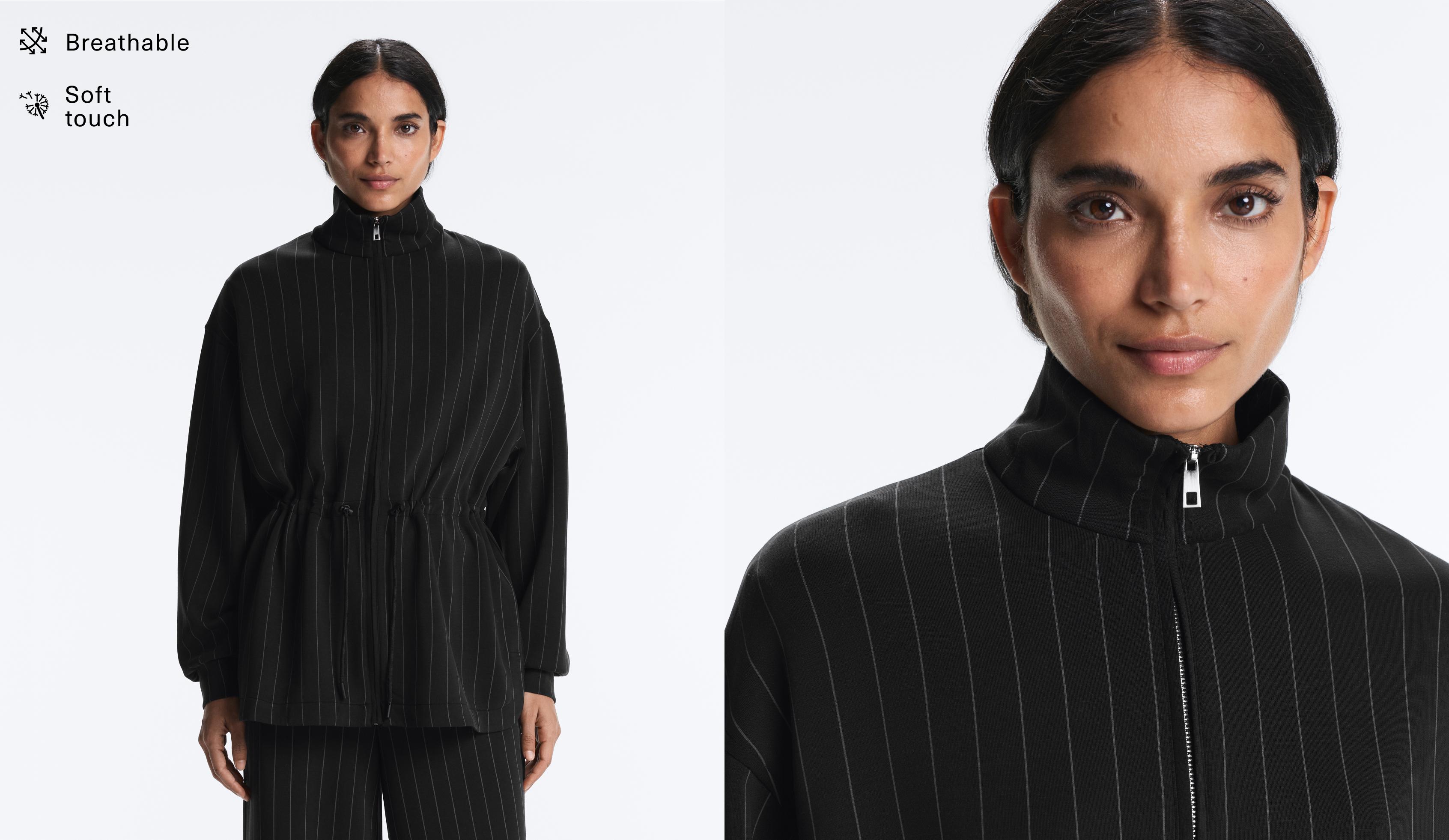 Long pinstripe jacket with adjustable waist and soft-touch modal — BLACK