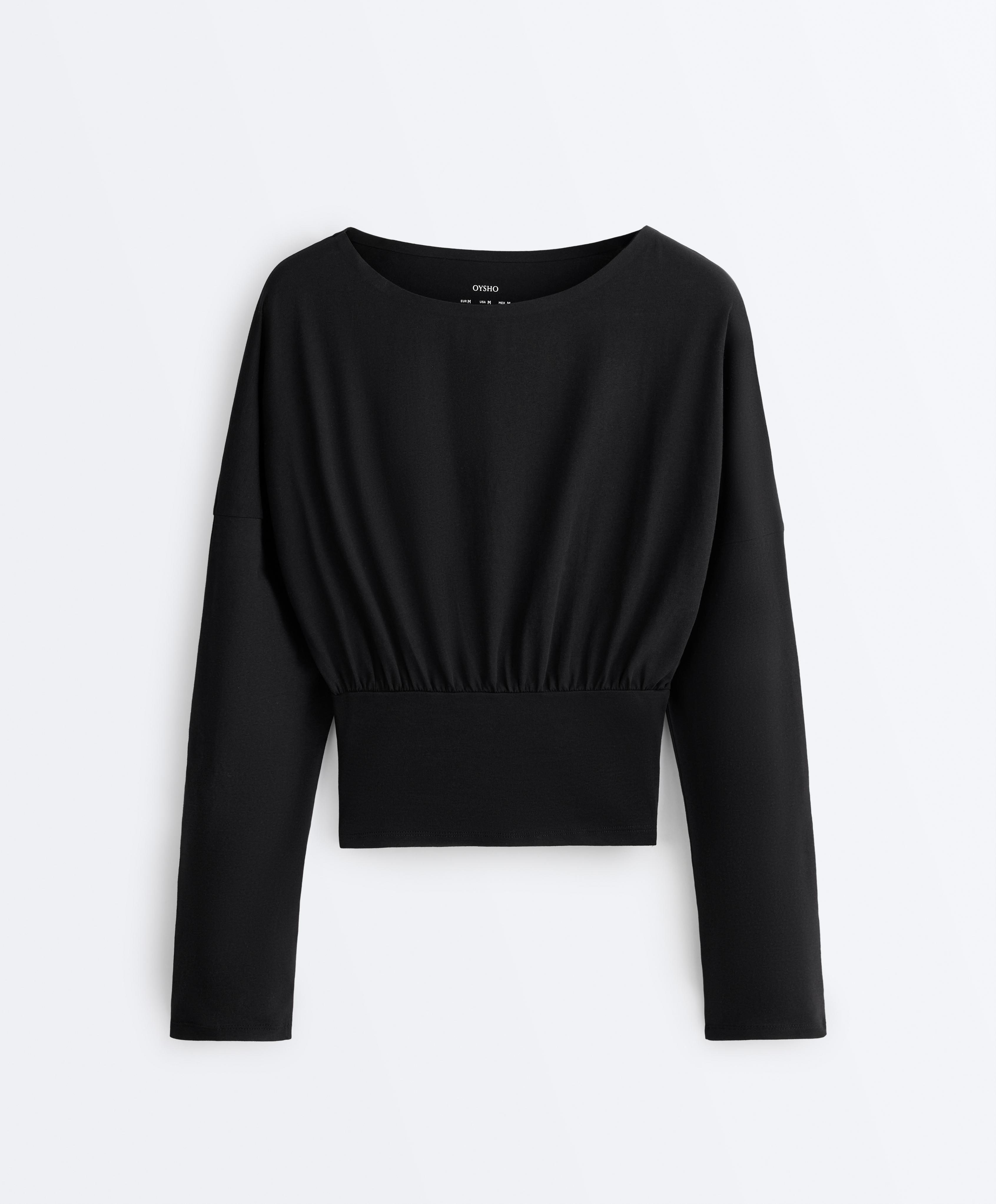 Fitted waist cotton blend T-shirt — BLACK