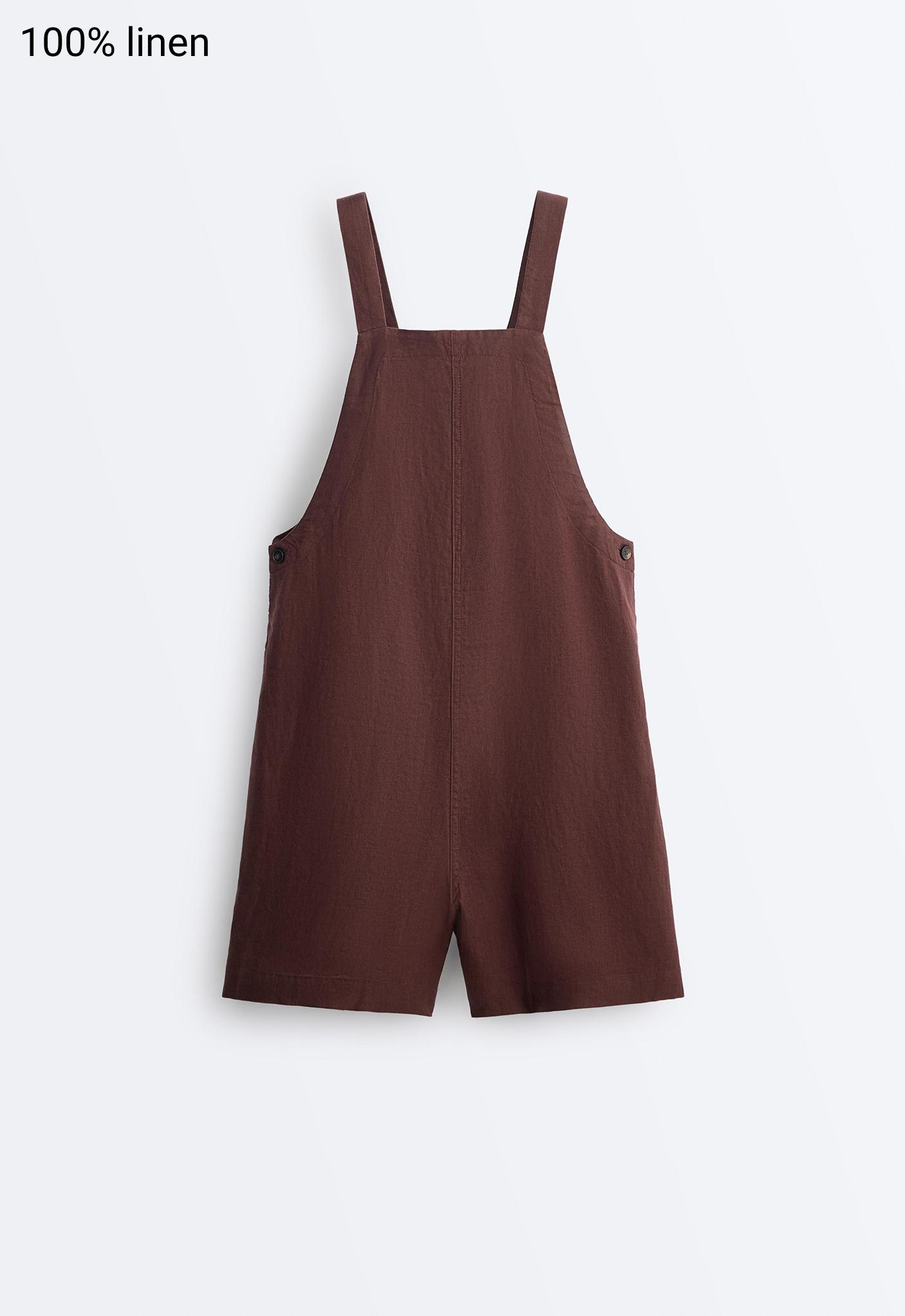 Short strappy 100% linen jumpsuit — CHOCOLATE