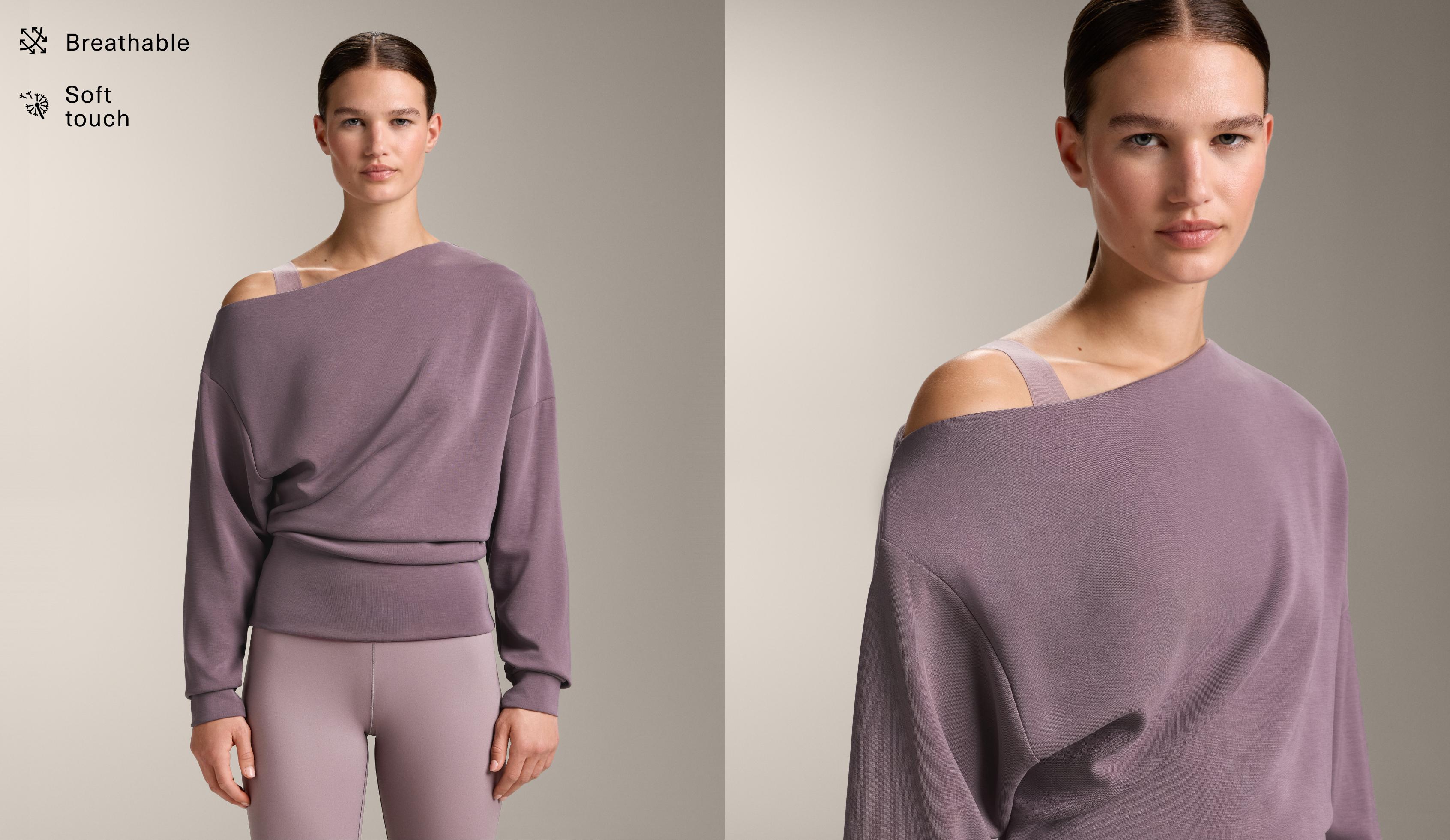 Asymmetric neck sweatshirt with adjustable waist and soft-touch modal