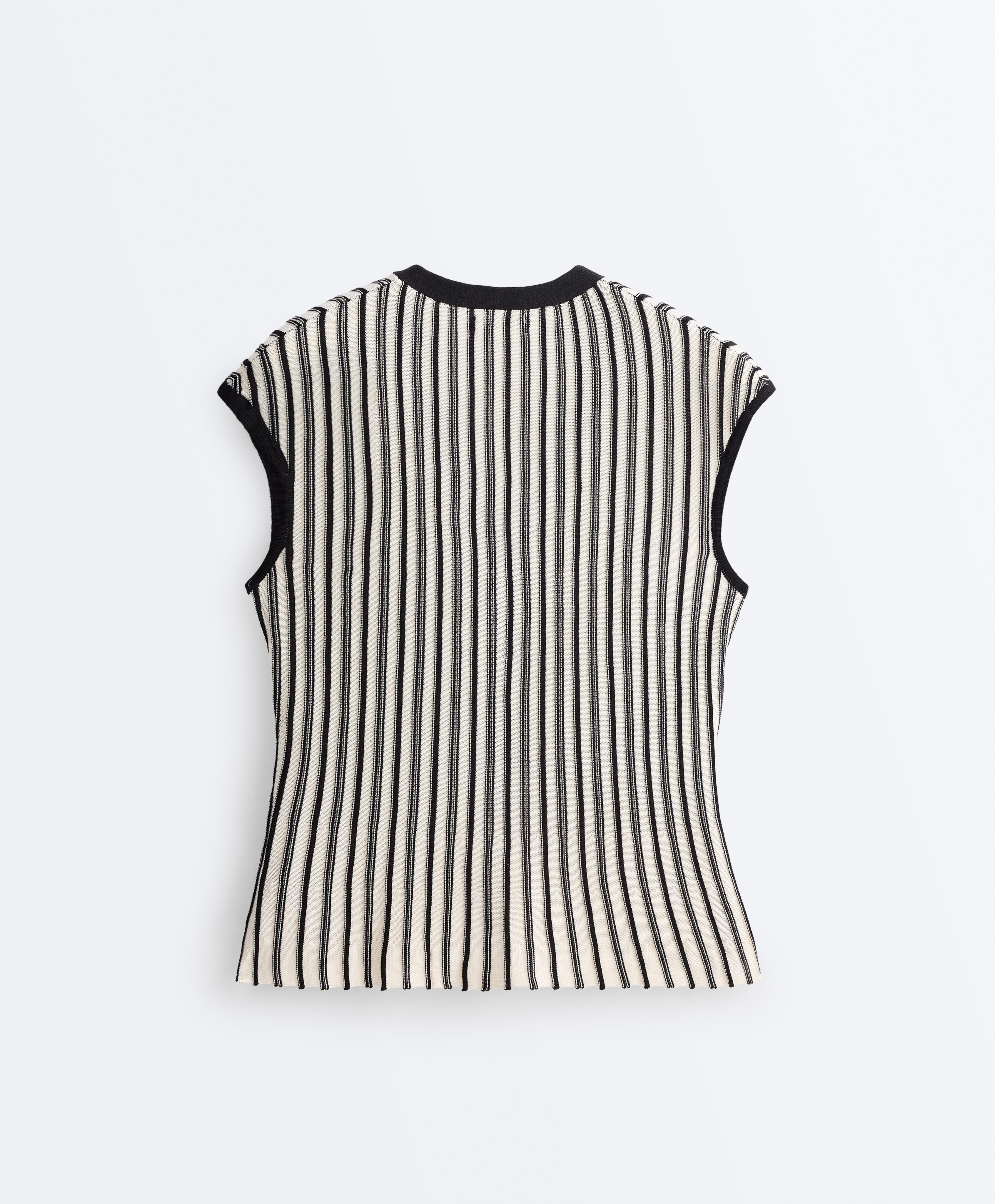 Striped sleeveless V-neck knit jumper — BLACK