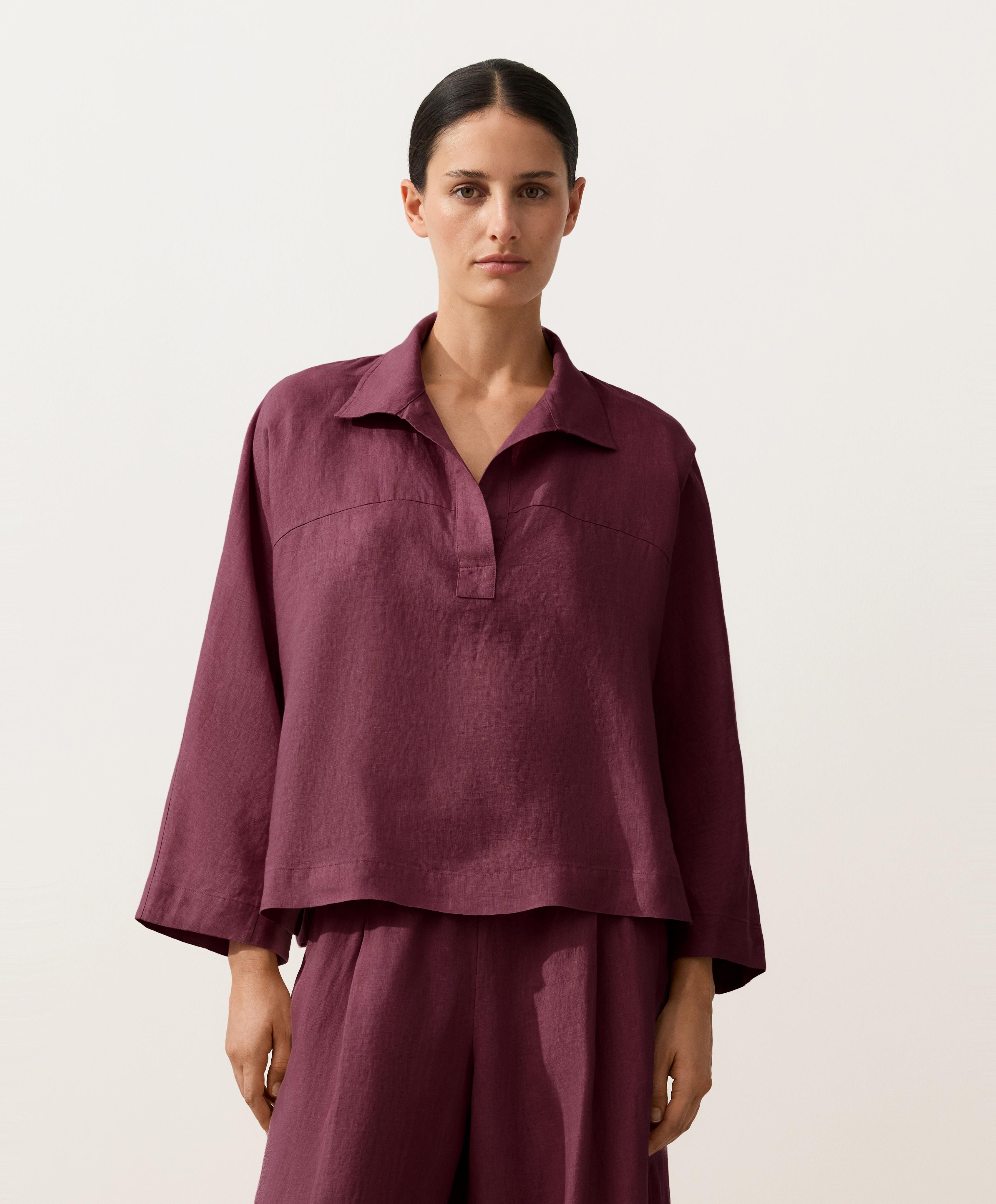 Oversize long-sleeve 100% linen polo shirt — CHERRY