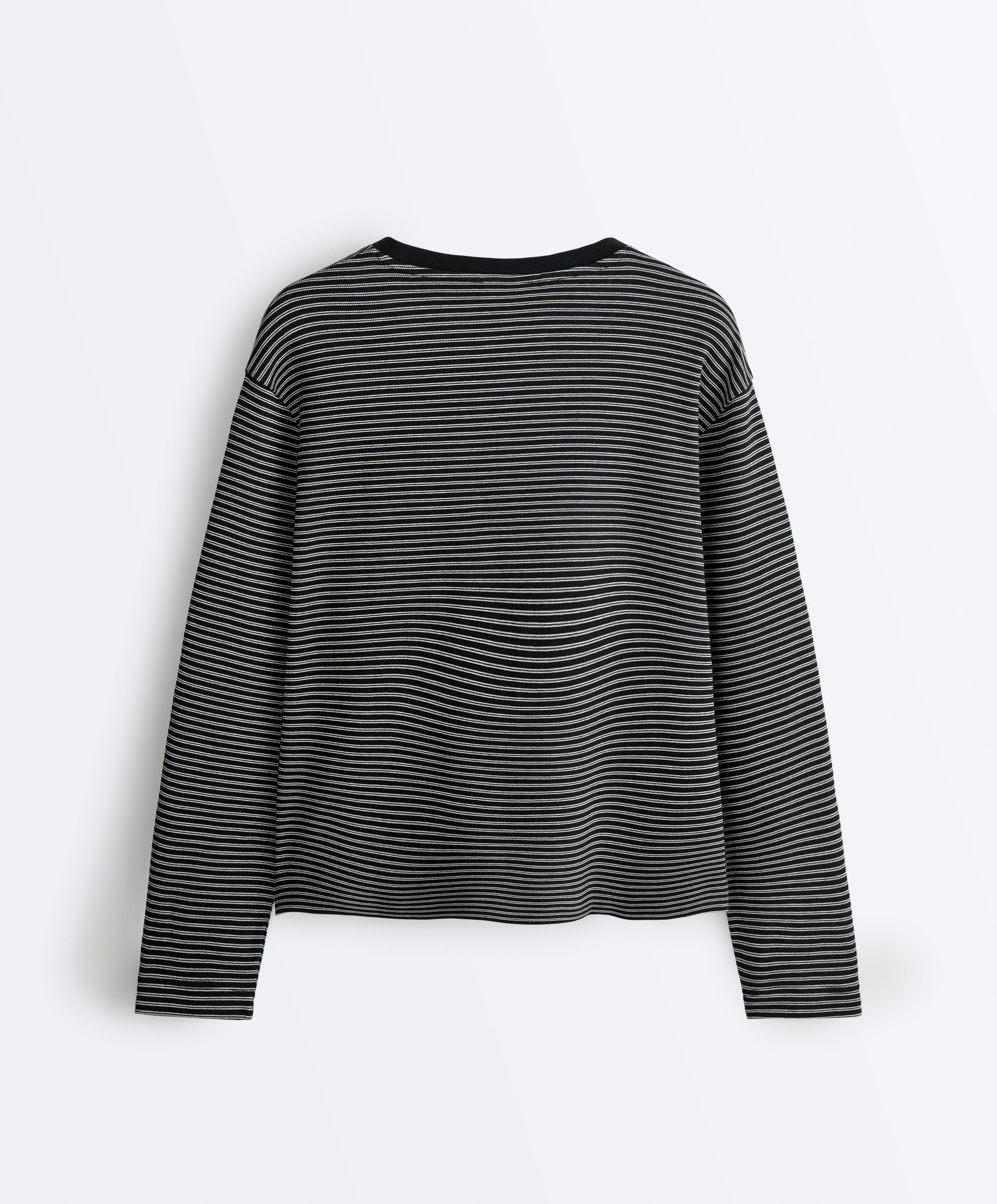 Striped cotton blend long sleeve relaxed T-shirt — BLACK