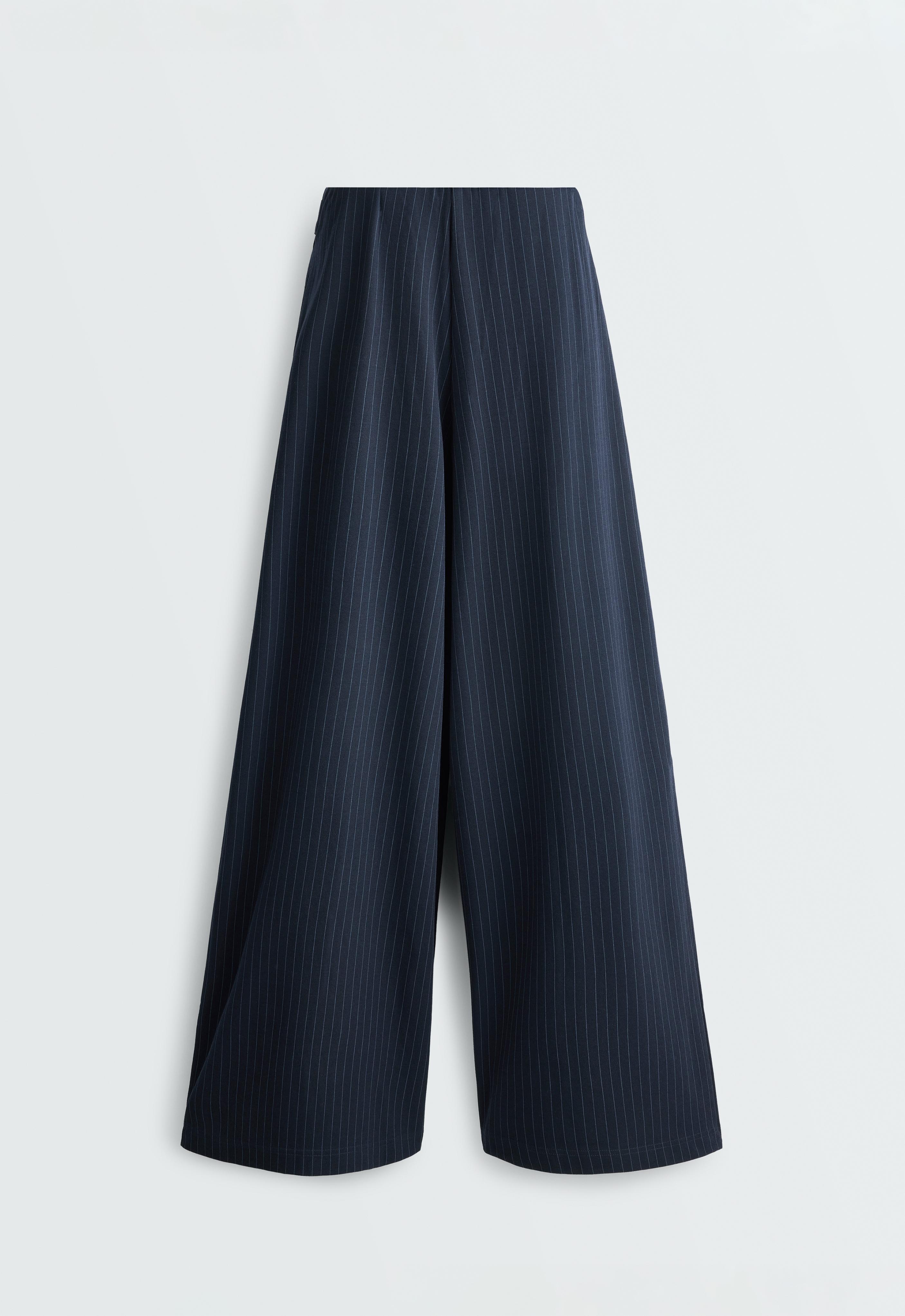 Pinstripe cotton pique wide-leg trousers — NAVY BLUE