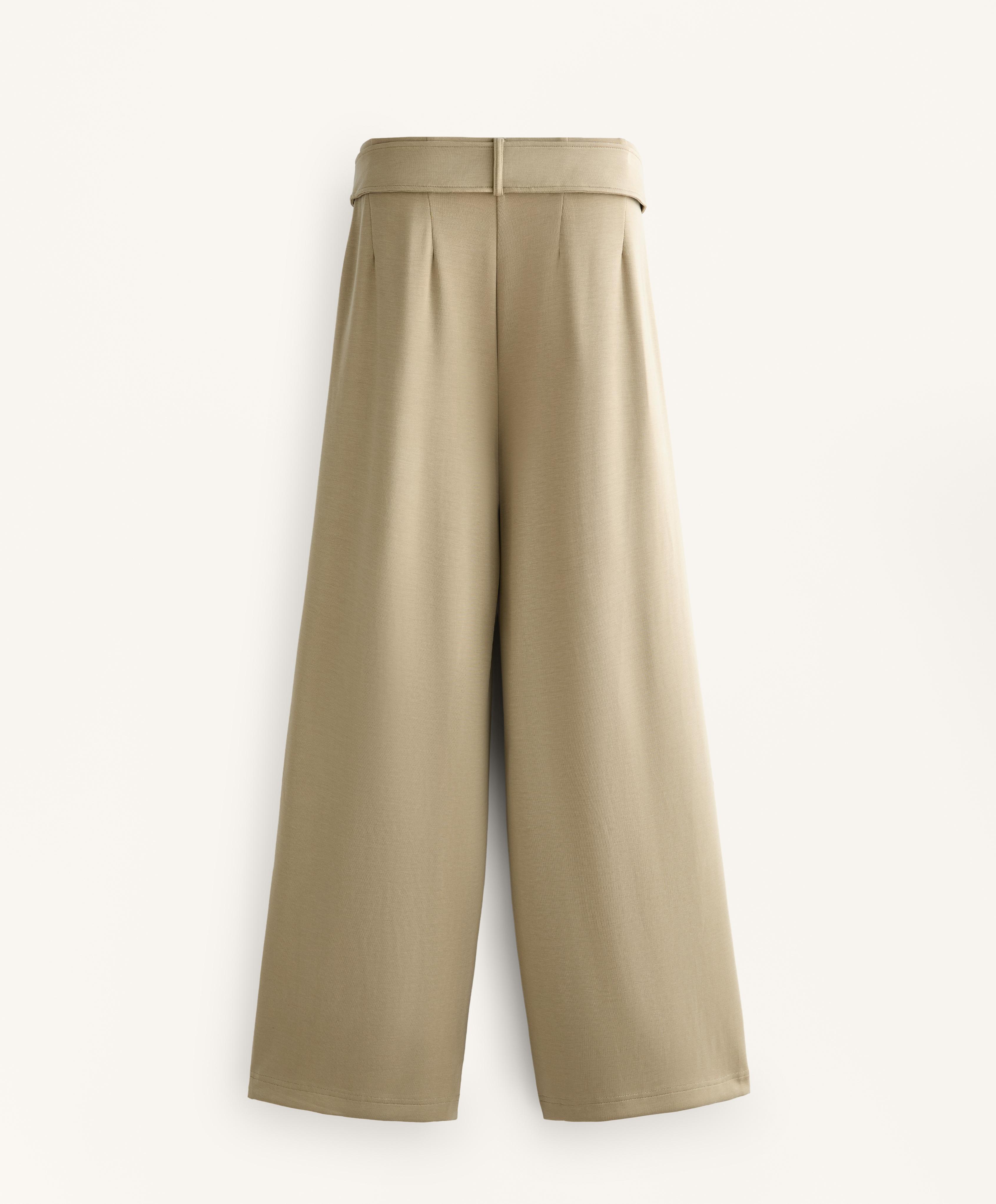 Soft-touch modal wide-leg trousers with pleat waist detail — GREEN BEIGE